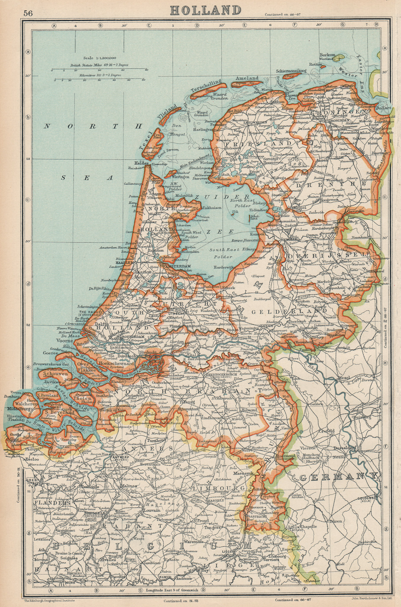 NETHERLANDS. Holland. General map. BARTHOLOMEW 1924 old vintage plan chart