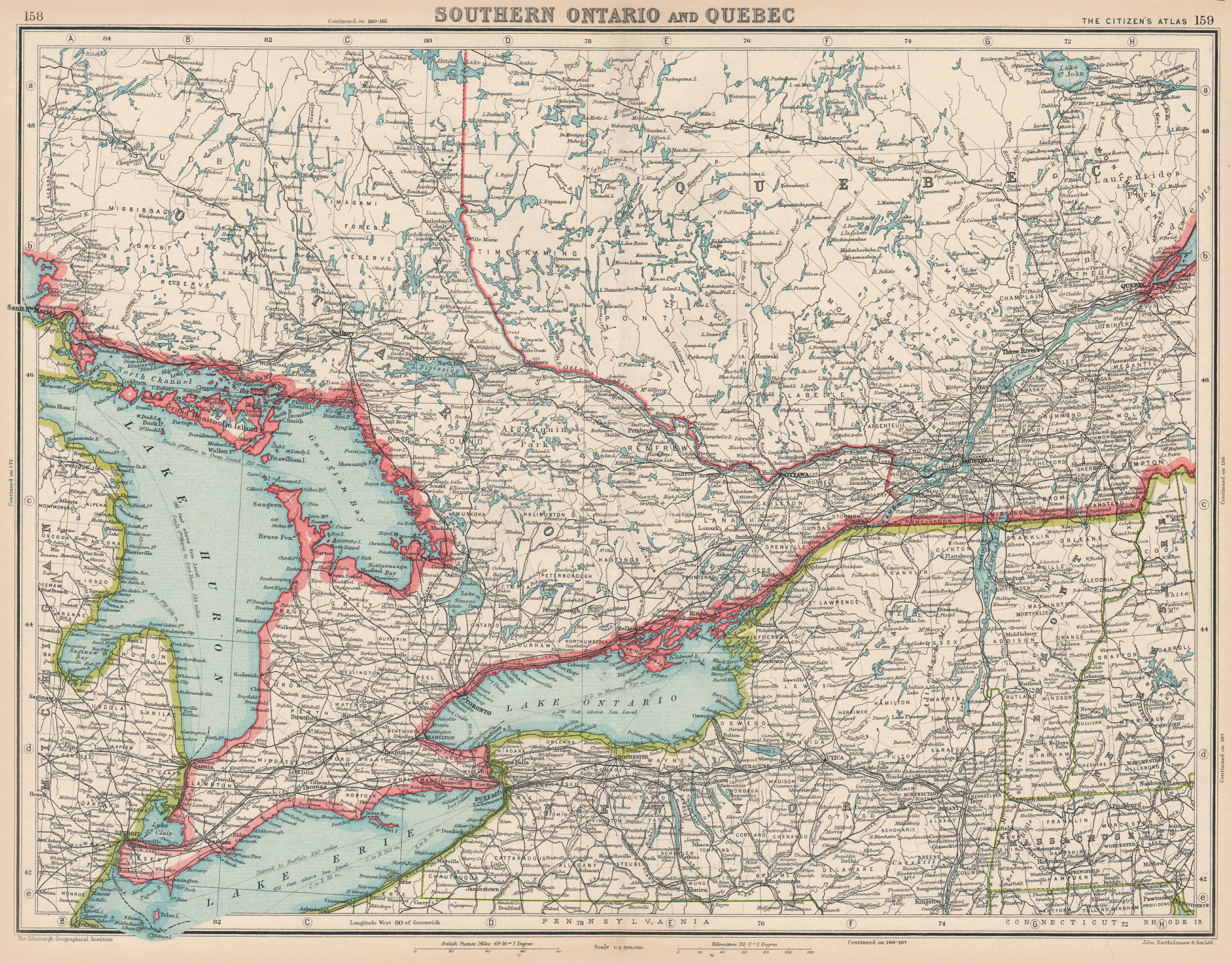 Associate Product CANADA. Southern Ontario and Quebec. BARTHOLOMEW 1924 old vintage map chart