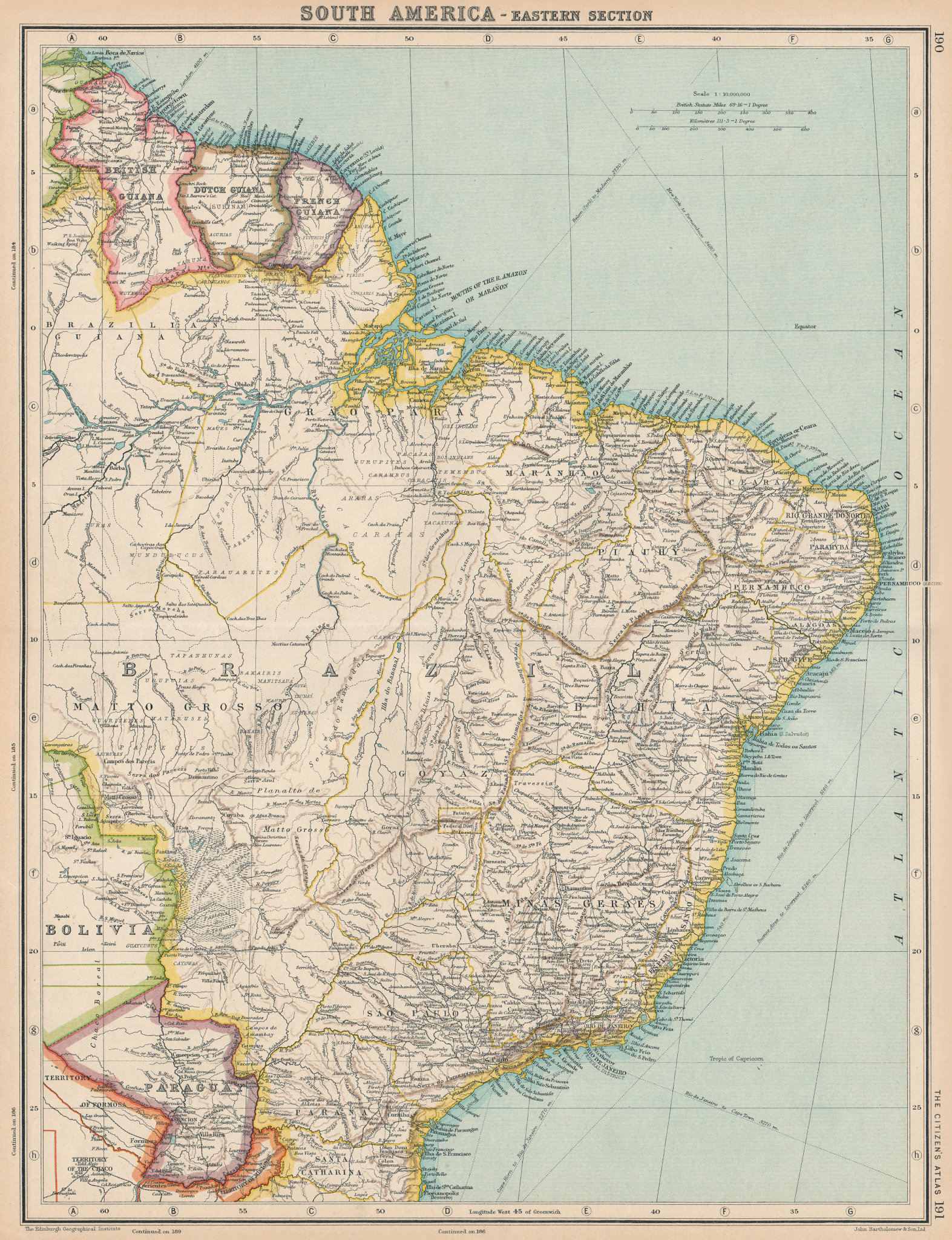Associate Product S AMERICA-EAST.Brazil Paraguay British French Dutch Guyana.BARTHOLOMEW 1924 map