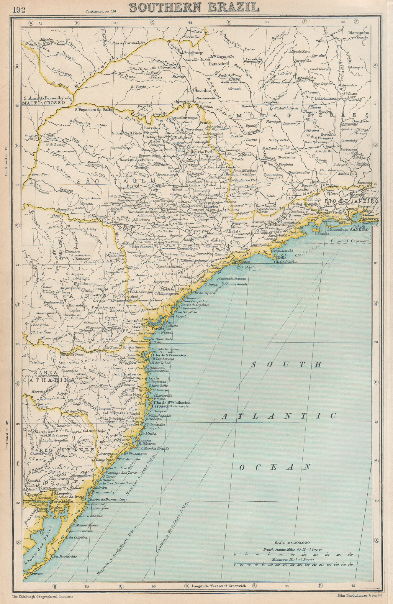 Associate Product BRAZIL COAST.Sao Paolo Rio de Janeiro Minas Gerais Parana Sta Catharina 1924 map