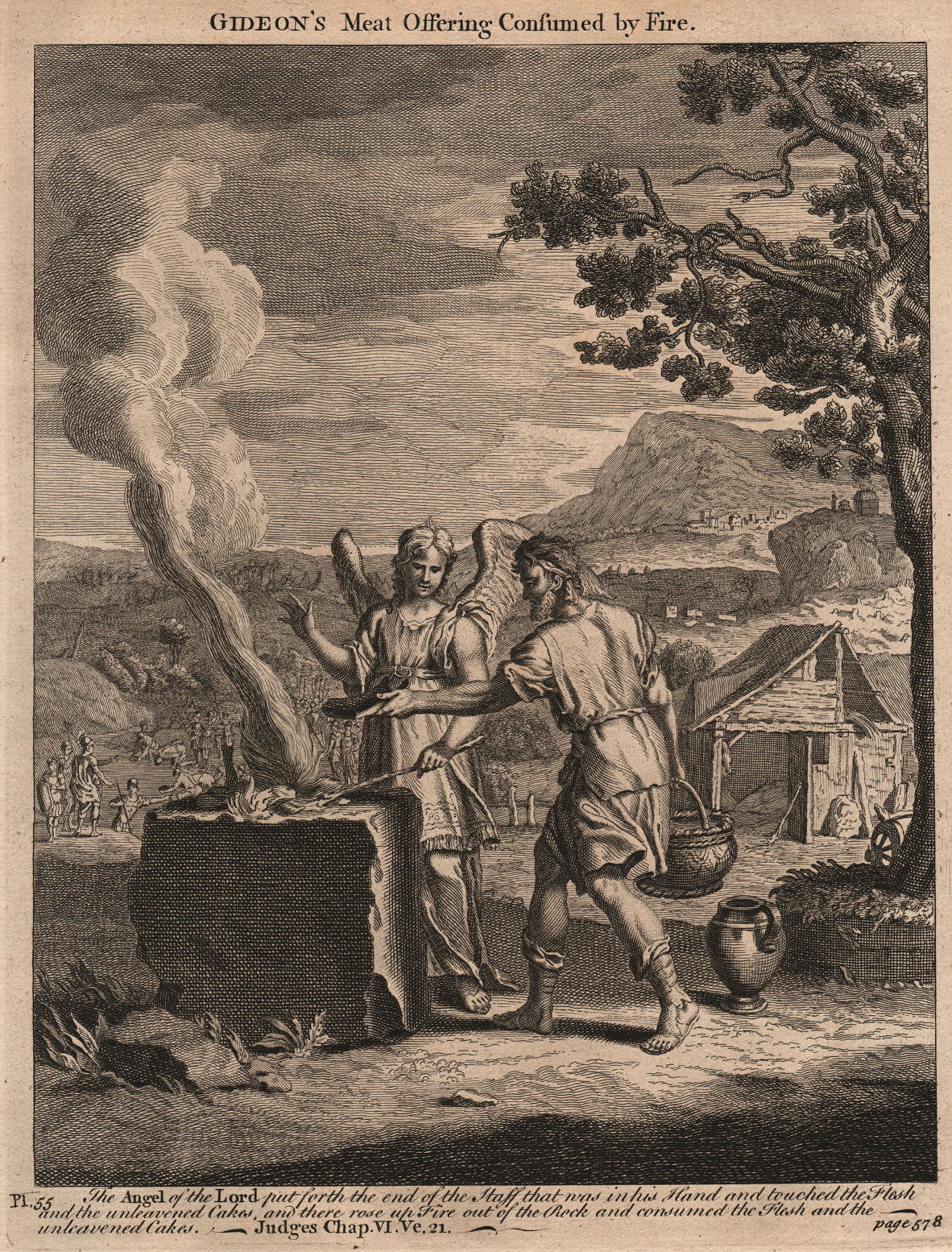 Associate Product BIBLE. Judges 6.21 Gideon's meat offering consumed by fire 1752 old print