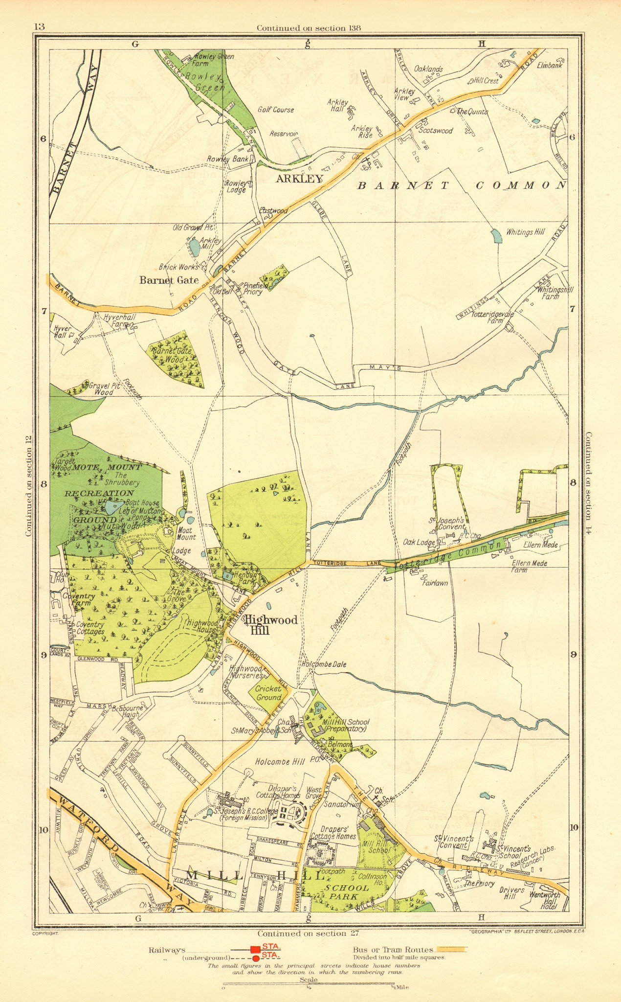 Associate Product LONDON. Arkley Barnet Gate Highwood Hill Mill Hill 1937 old vintage map chart