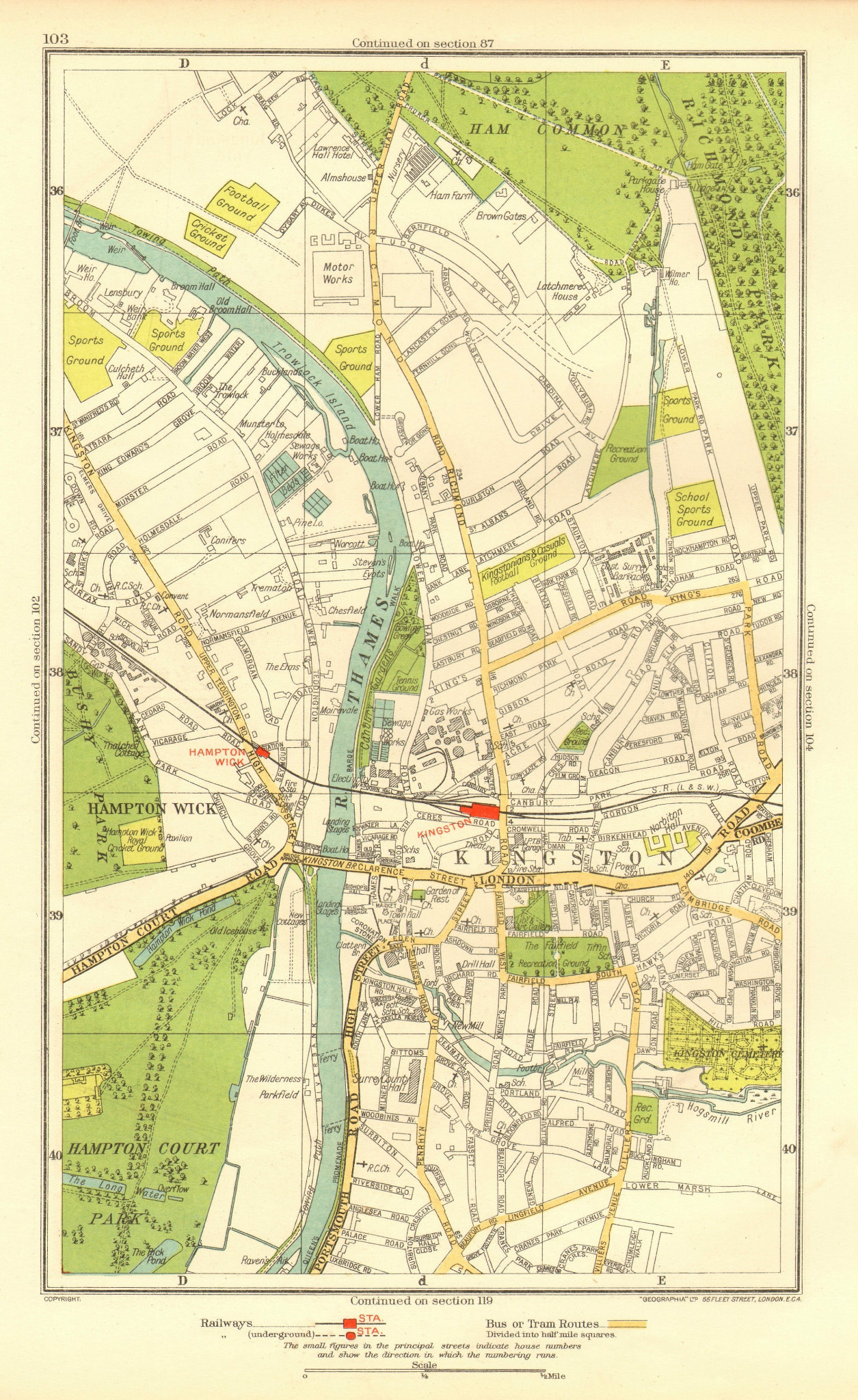 KINGSTON UPON THAMES. Teddington Hampton Wick Ham Common Hampton Court 1937 map