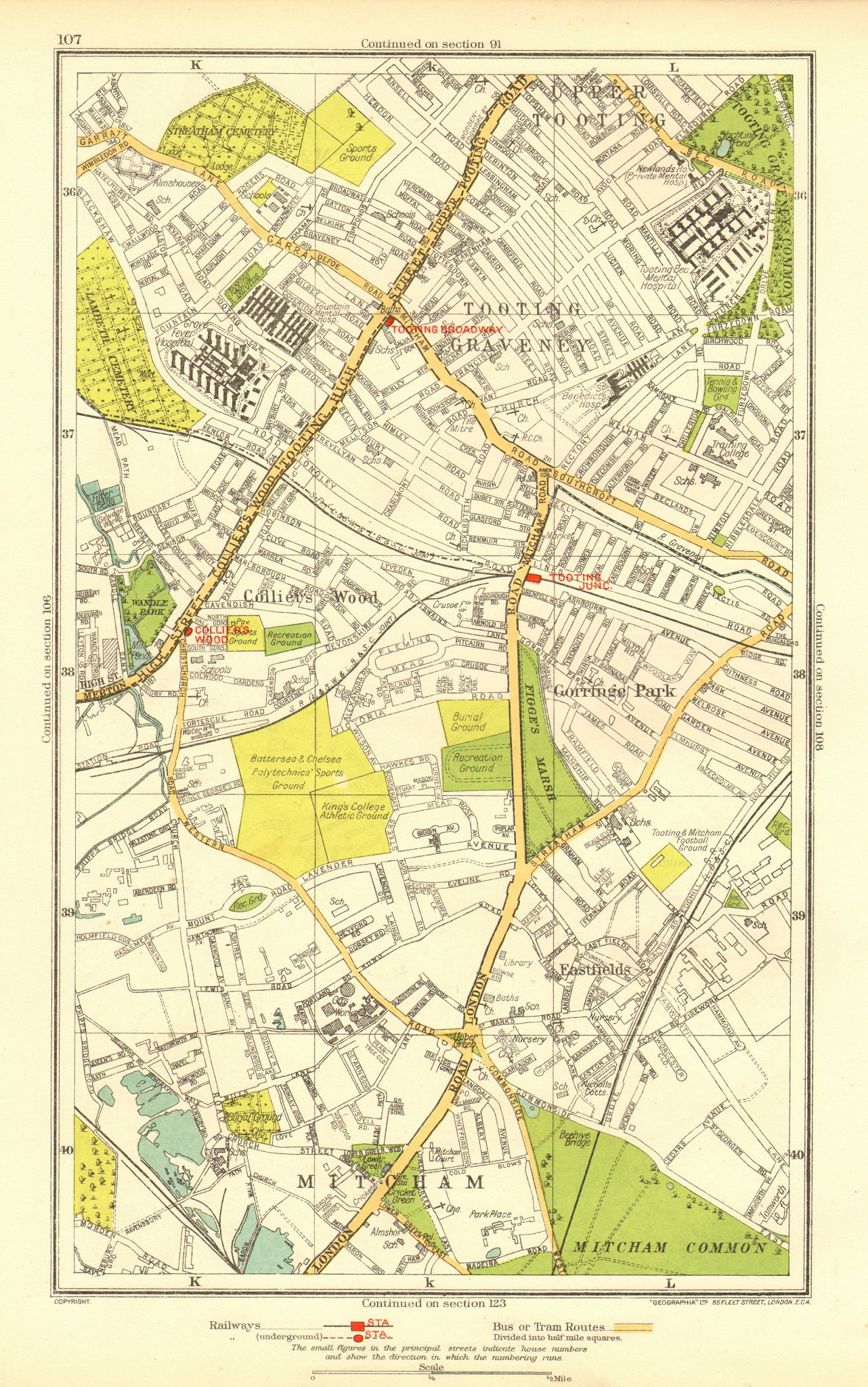 MITCHAM. Collier's Wood Tooting Graveney Furzedown Eastfields 1937 old map
