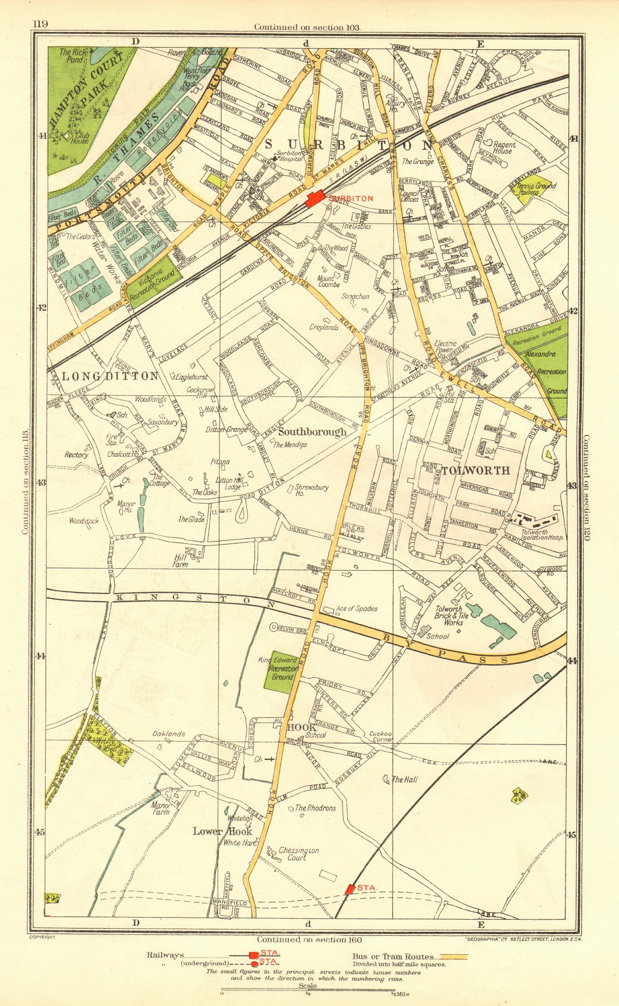 SURBITON. Hook Long Ditton Tolworth Southborough Surbiton 1937 old vintage map