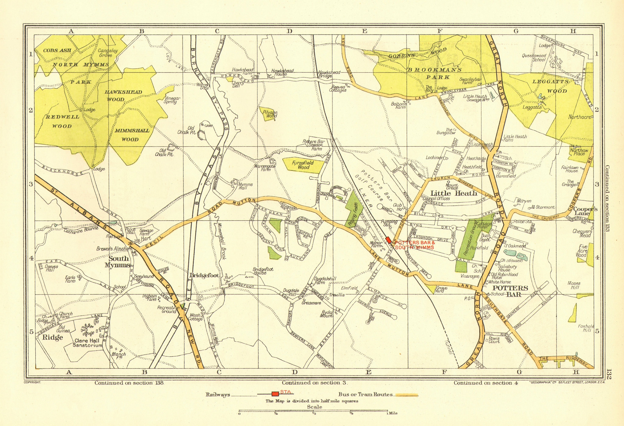 Associate Product POTTERS BAR. South Mimms Little Heath Brookmans Park Ridge (Herts) 1937 map