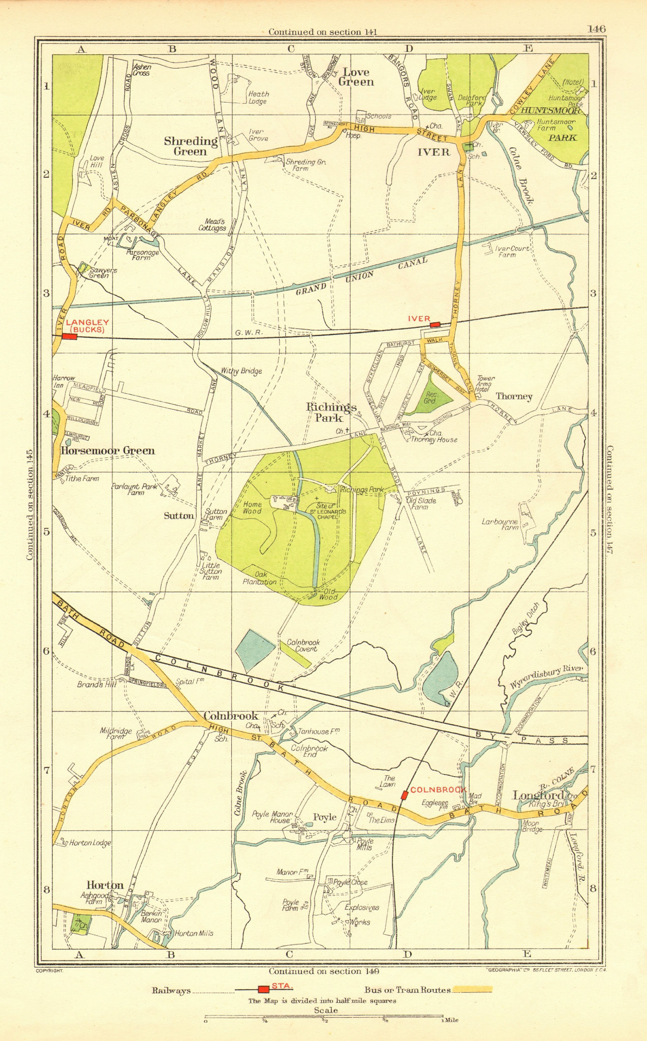 LANGLEY. Iver Colnbrook Richings Park Horton Poyle Shreding/Love Green 1937 map
