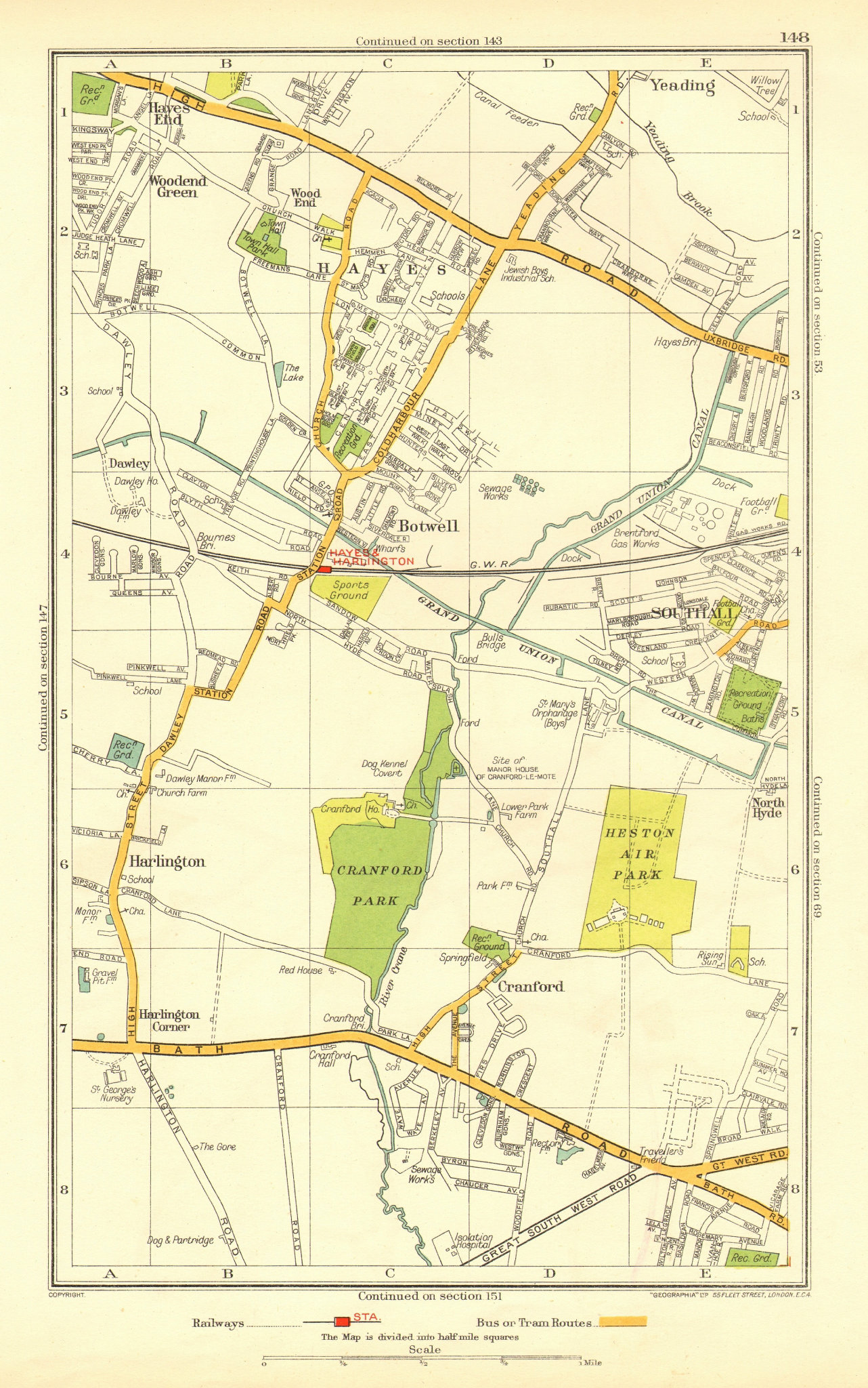 Associate Product HAYES SOUTHALL. Cranford Hounslow Harlington Heathrow Heston Yeading 1937 map