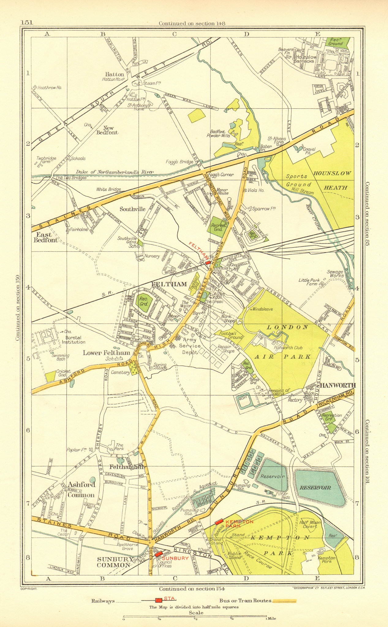 Associate Product FELTHAM. Hounslow Hatton Sunbury Common Hanworth Ashford Common 1937 old map