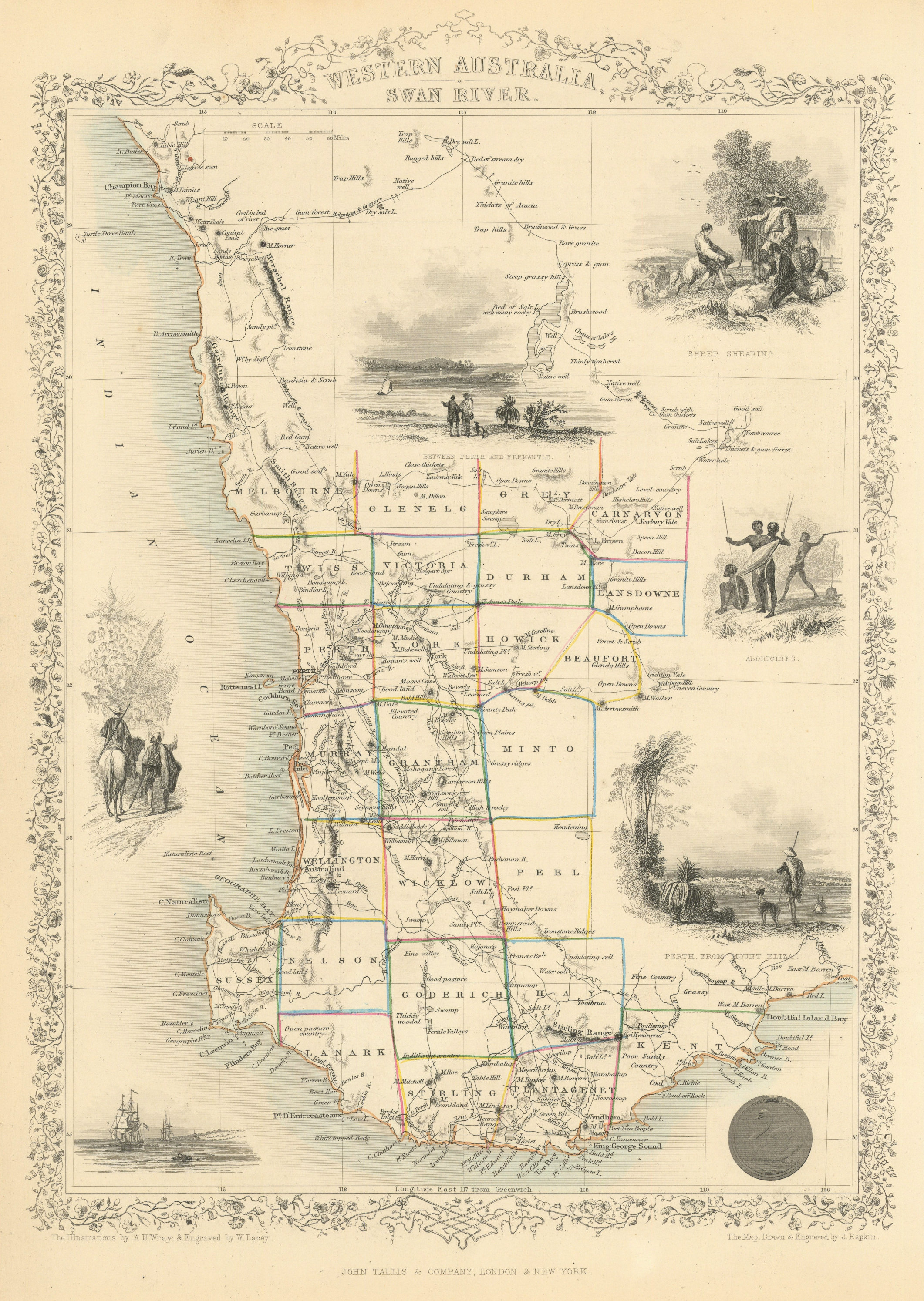 Associate Product WESTERN AUSTRALIA,SWAN RIVER.Helpman Gregory Gray routes.TALLIS/RAPKIN 1851 map