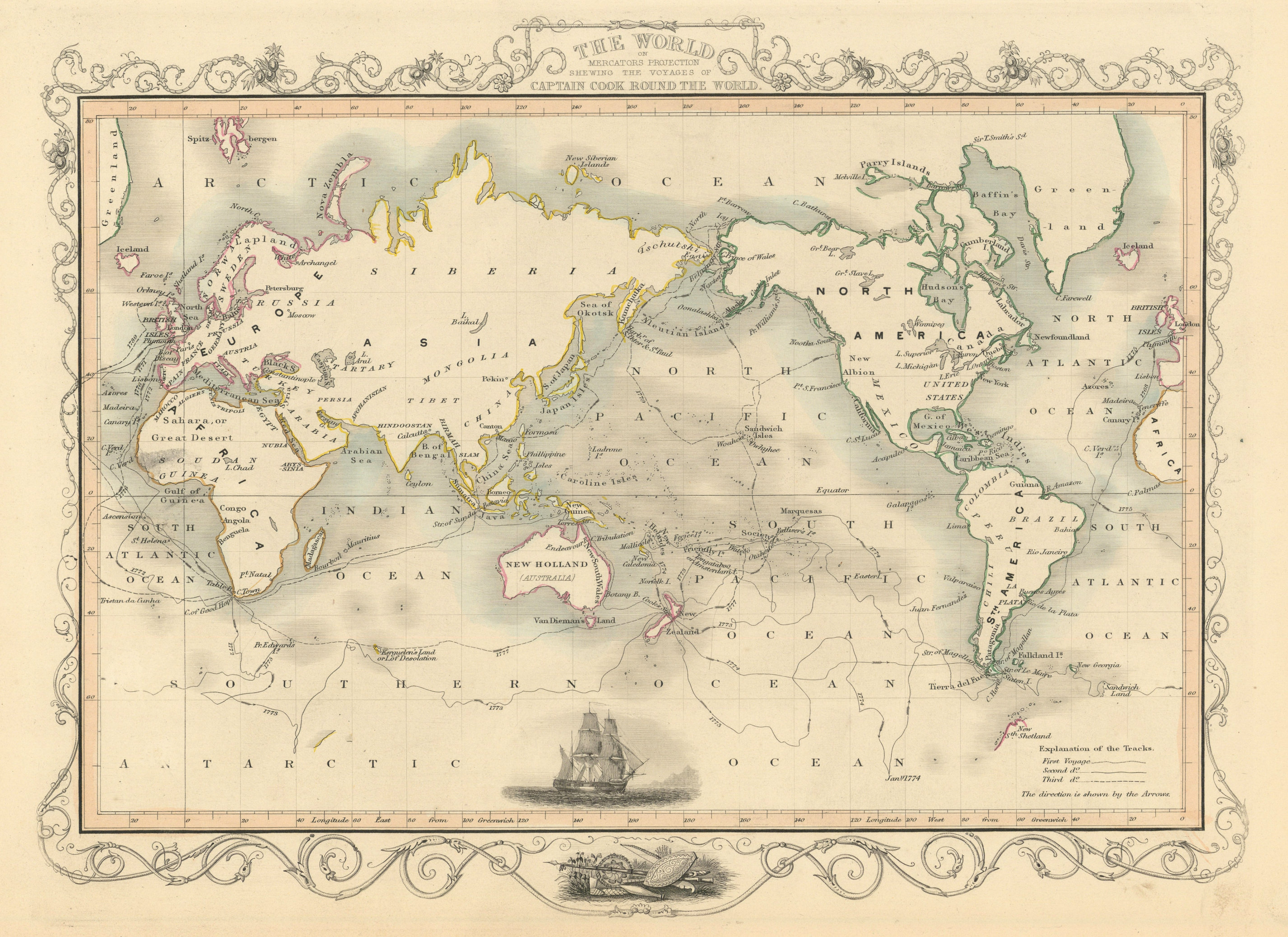 Associate Product THE WORLD. 'Shewing the voyages of Captain Cook'. TALLIS/RAPKIN 1851 old map