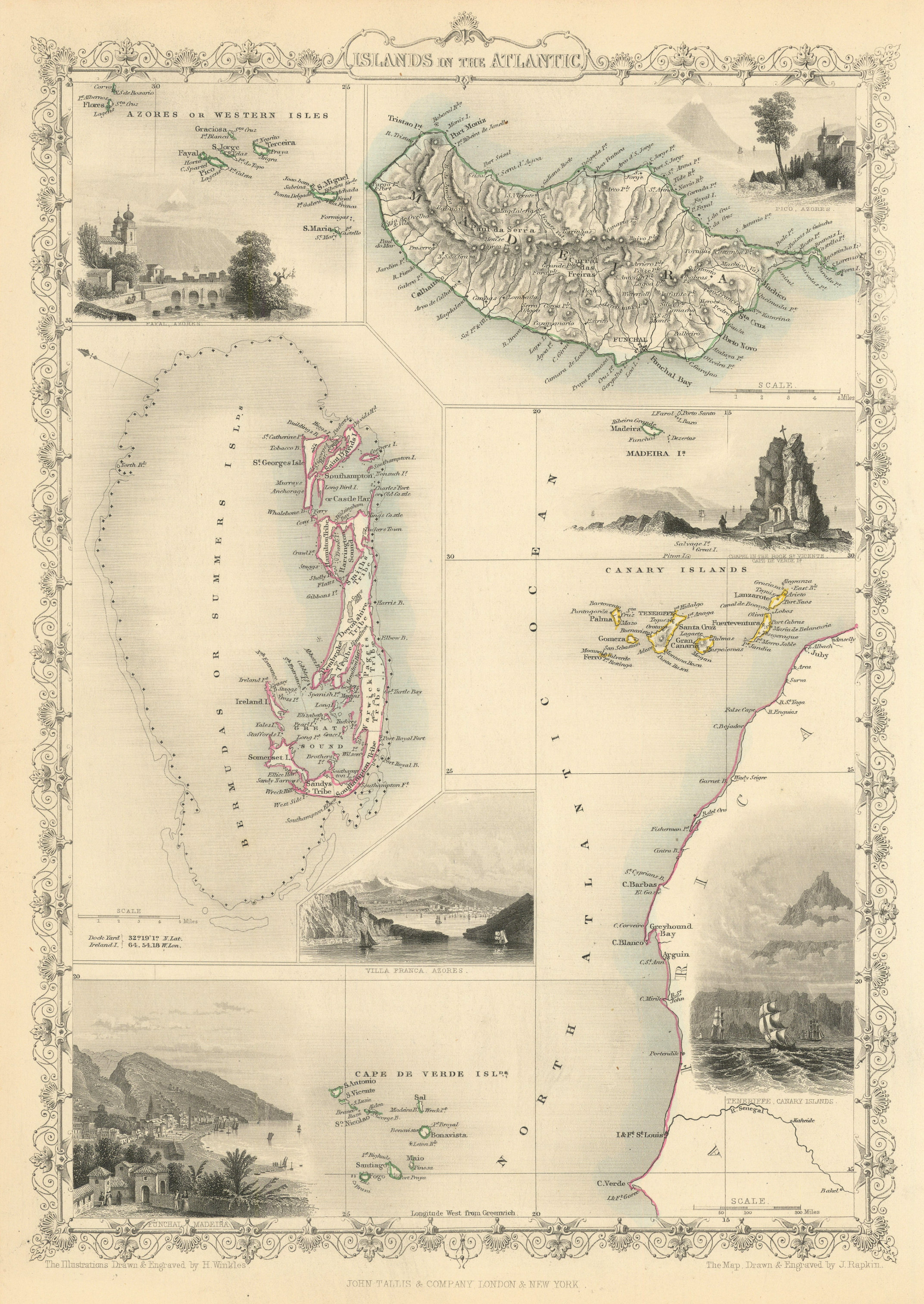 Associate Product ATLANTIC ISLANDS. Bermuda Madeira Canaries.Tenerife view.TALLIS/RAPKIN 1851 map