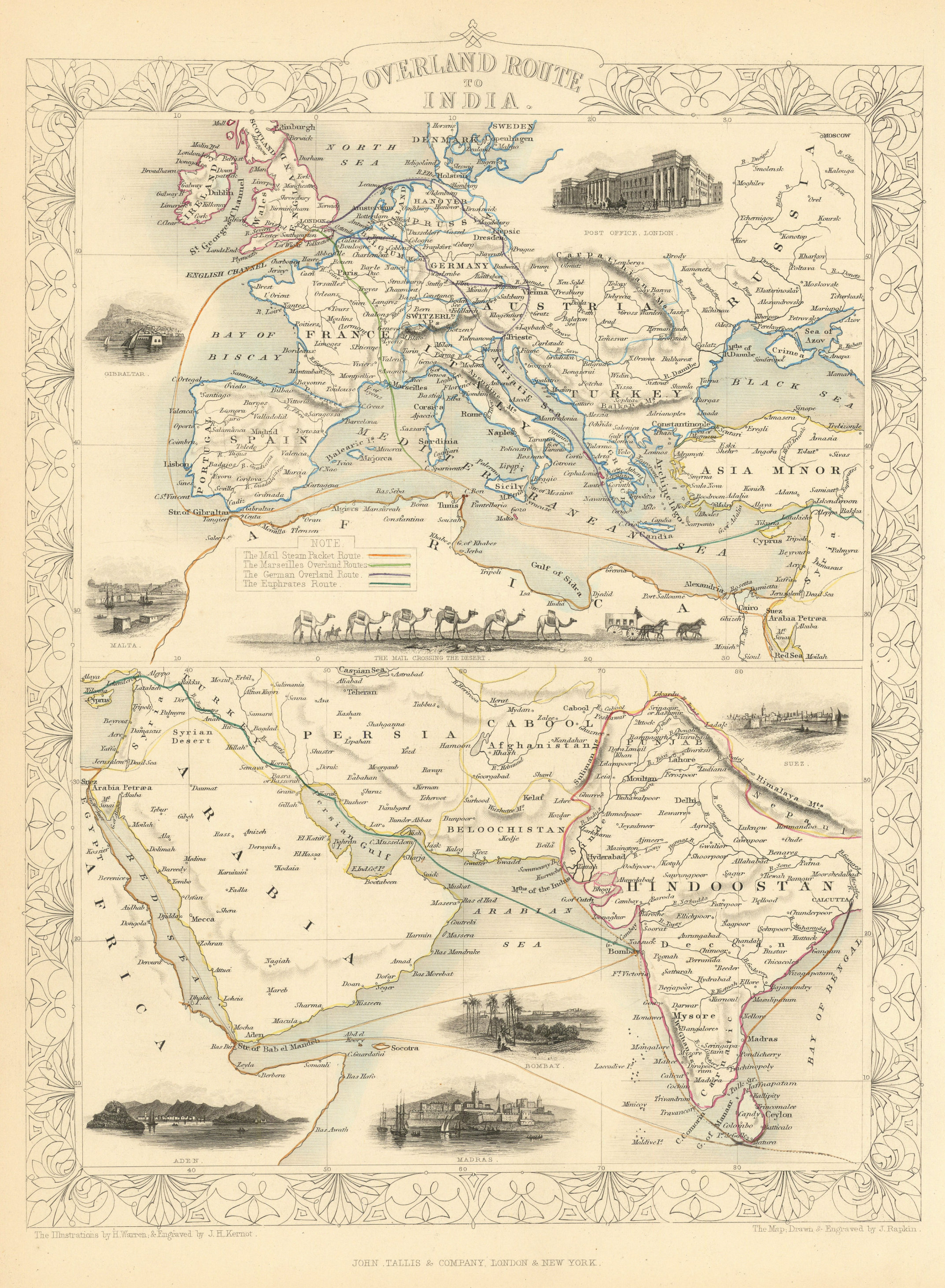Associate Product OVERLAND ROUTE TO INDIA. Ship France Germany Euphrates.TALLIS/RAPKIN 1851 map