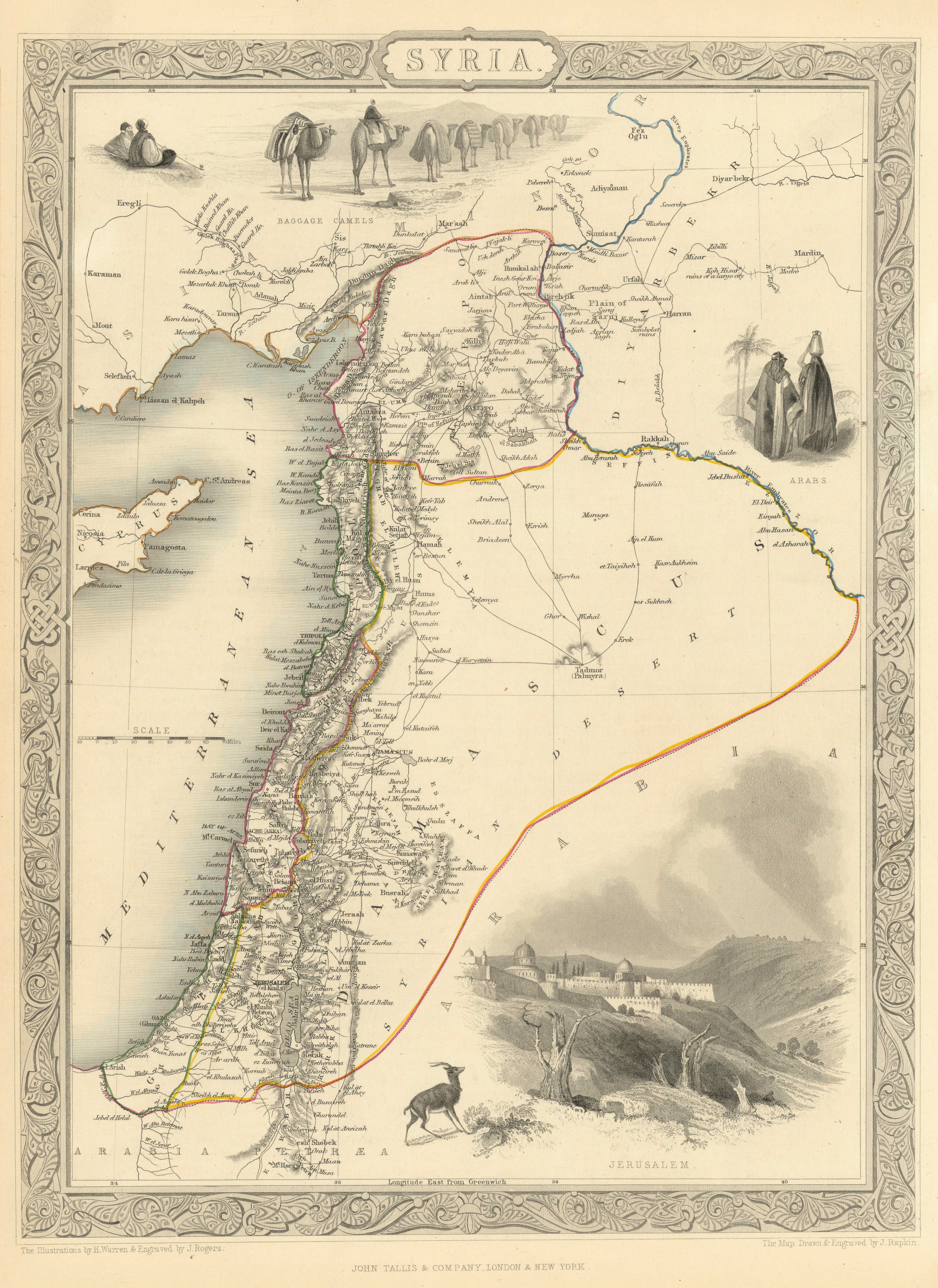 SYRIA'. Levant Palestine Jordan Lebanon Israel Cyprus. TALLIS/RAPKIN 1851 map