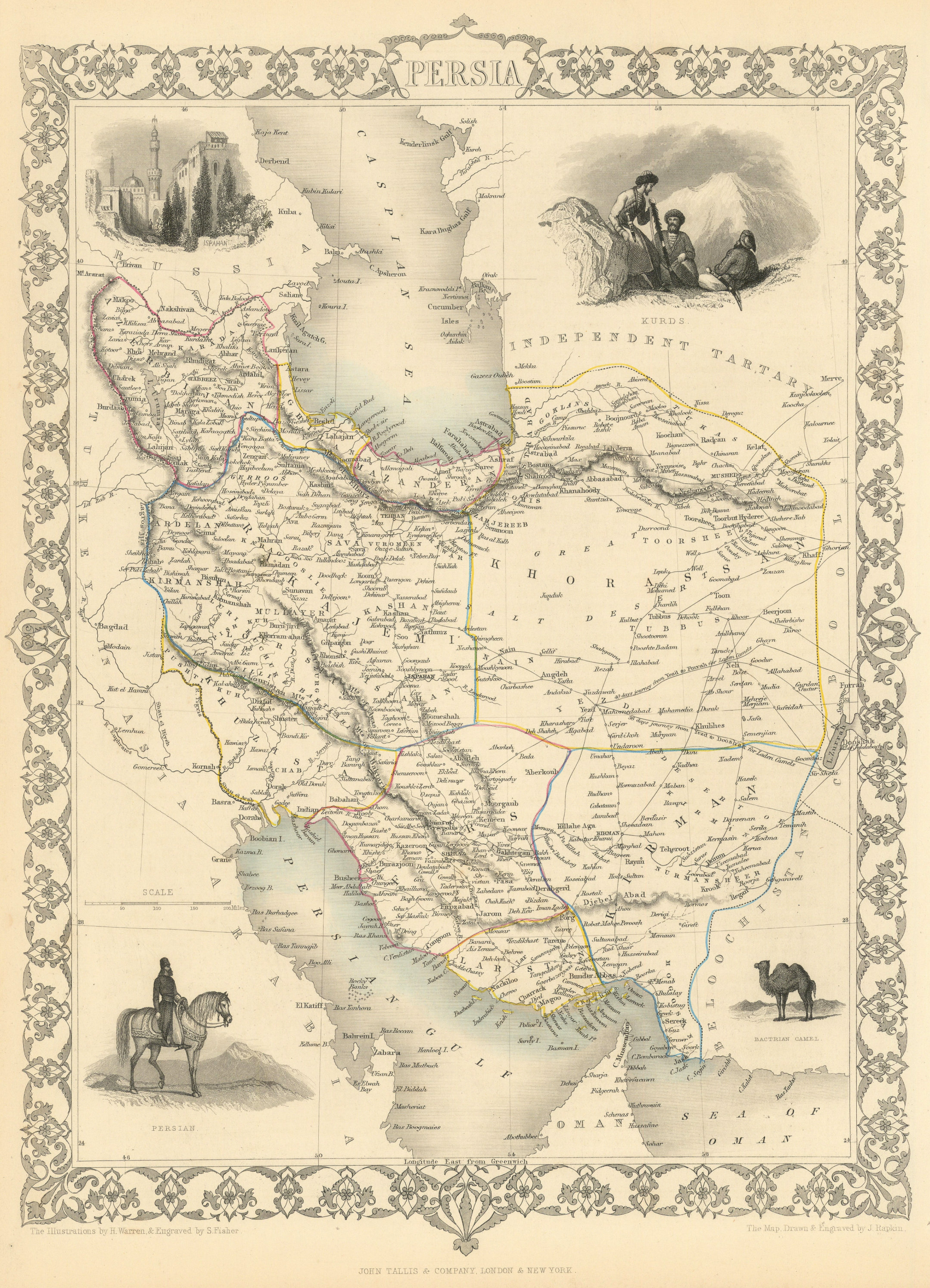 PERSIA. View of Ispahan. Iran. Shows Dubai & Abu Dhabi TALLIS/RAPKIN 1851 map