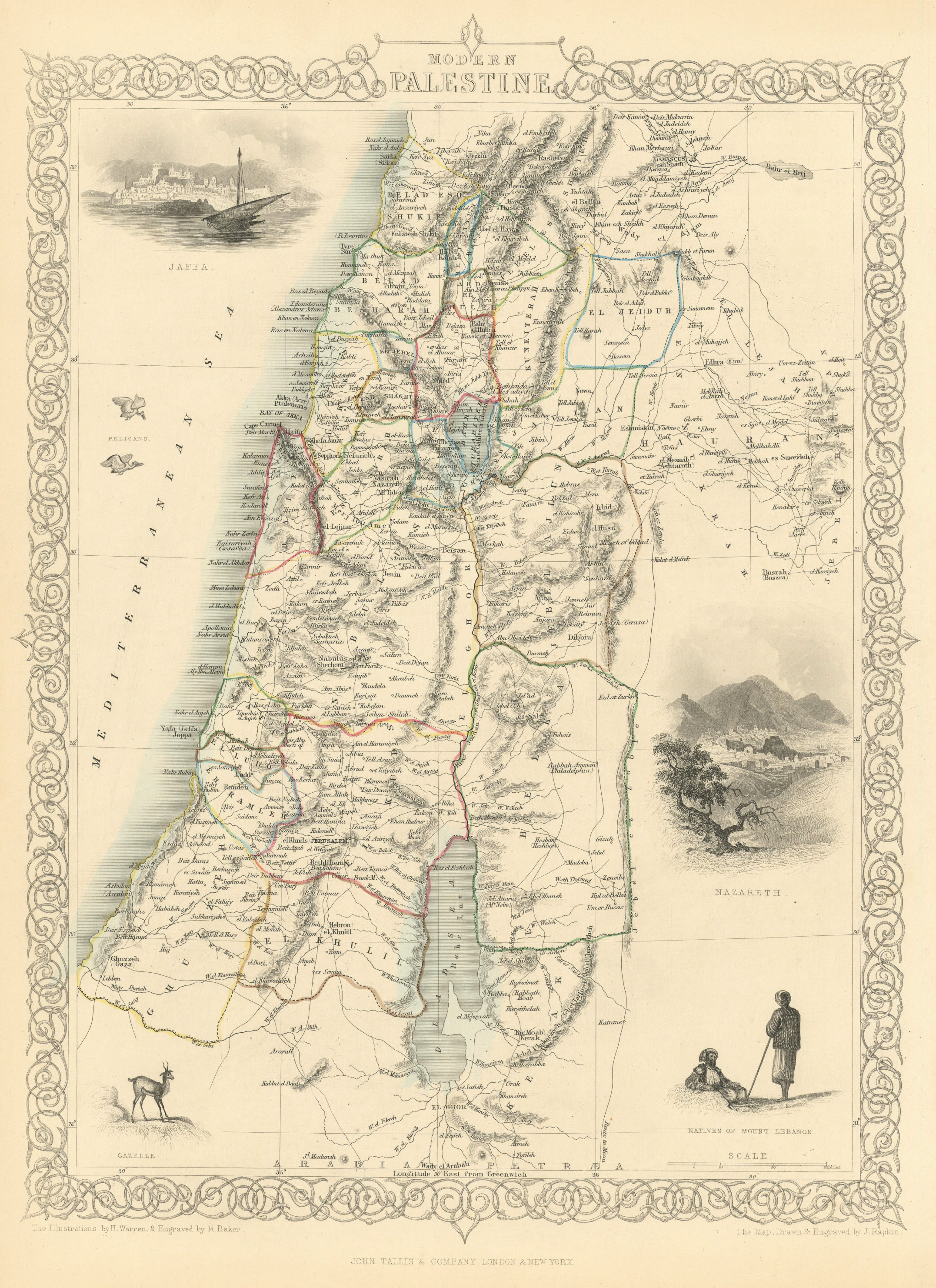 Associate Product PALESTINE. Jaffa/Tel Aviv Nazareth views.Jordan Lebanon.TALLIS/RAPKIN 1851 map