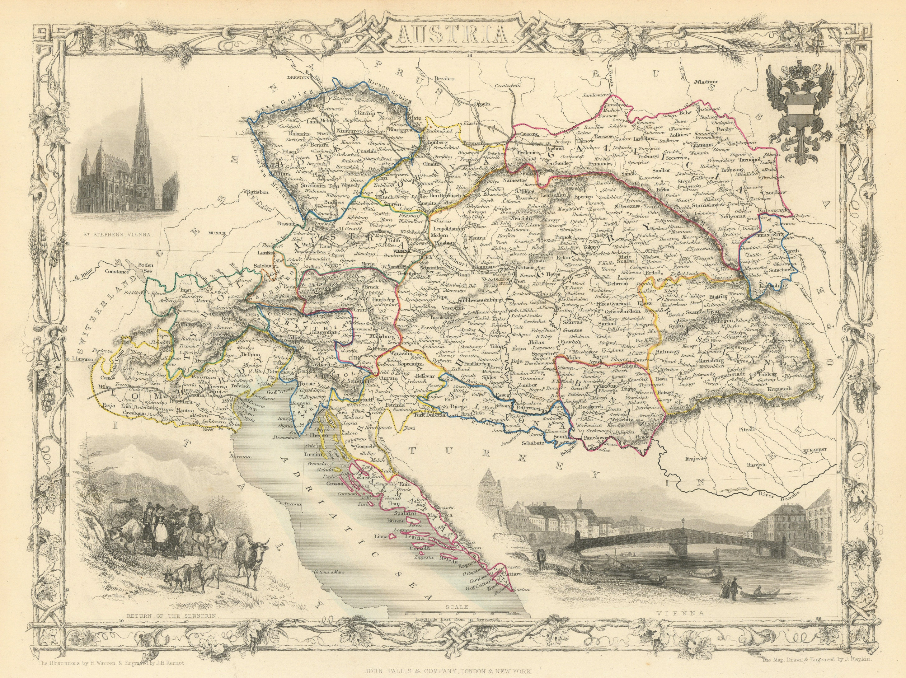 Associate Product AUSTRIAN EMPIRE. 'Austria'.Vienna views.Hungary Lombardy TALLIS/RAPKIN 1851 map
