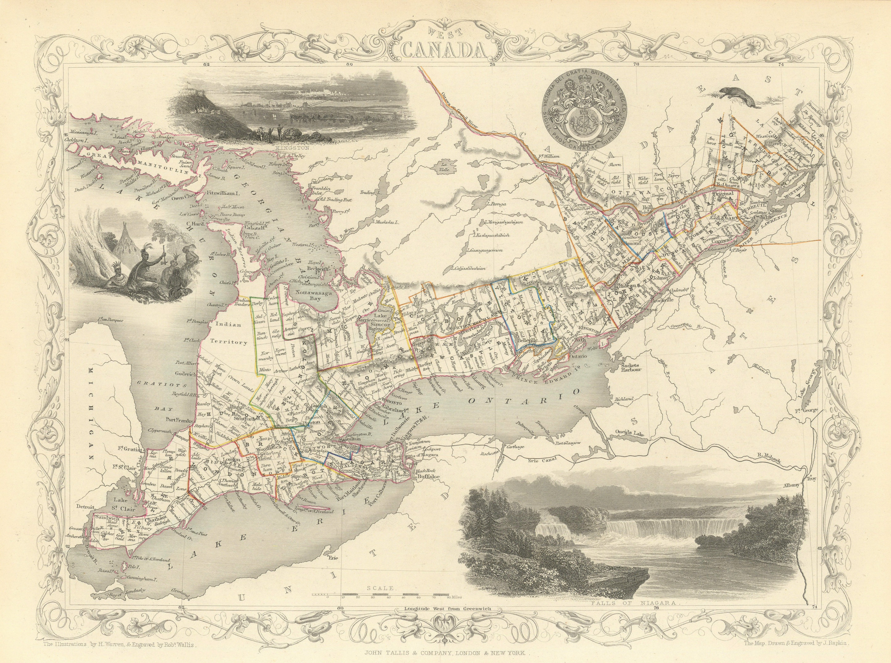 Associate Product WEST CANADA'. Southern Ontario. Shows'Indian territory' TALLIS/RAPKIN 1851 map
