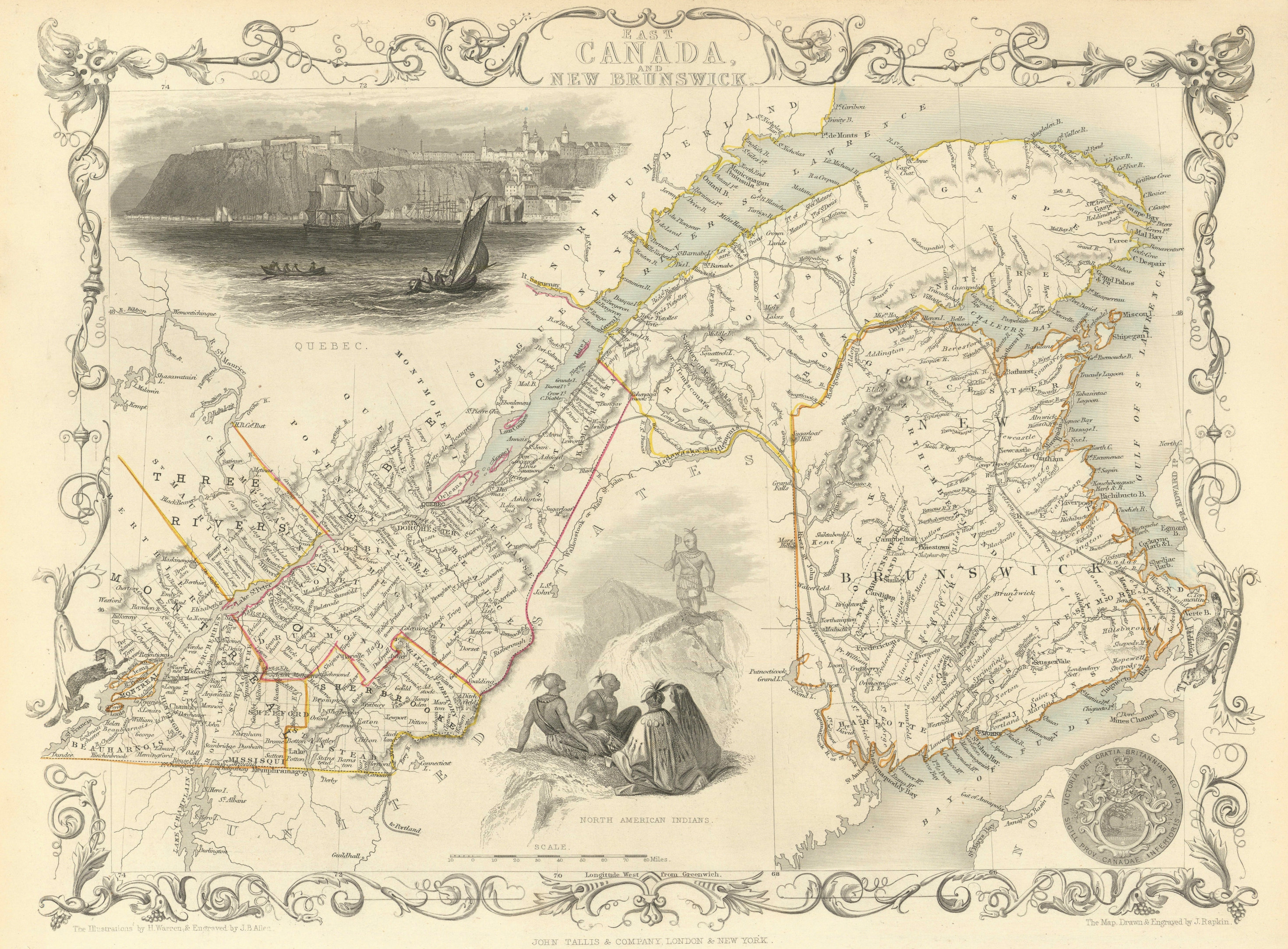 Associate Product EAST CANADA & NEW BRUNSWICK'. Quebec. Québec city view. TALLIS/RAPKIN 1851 map
