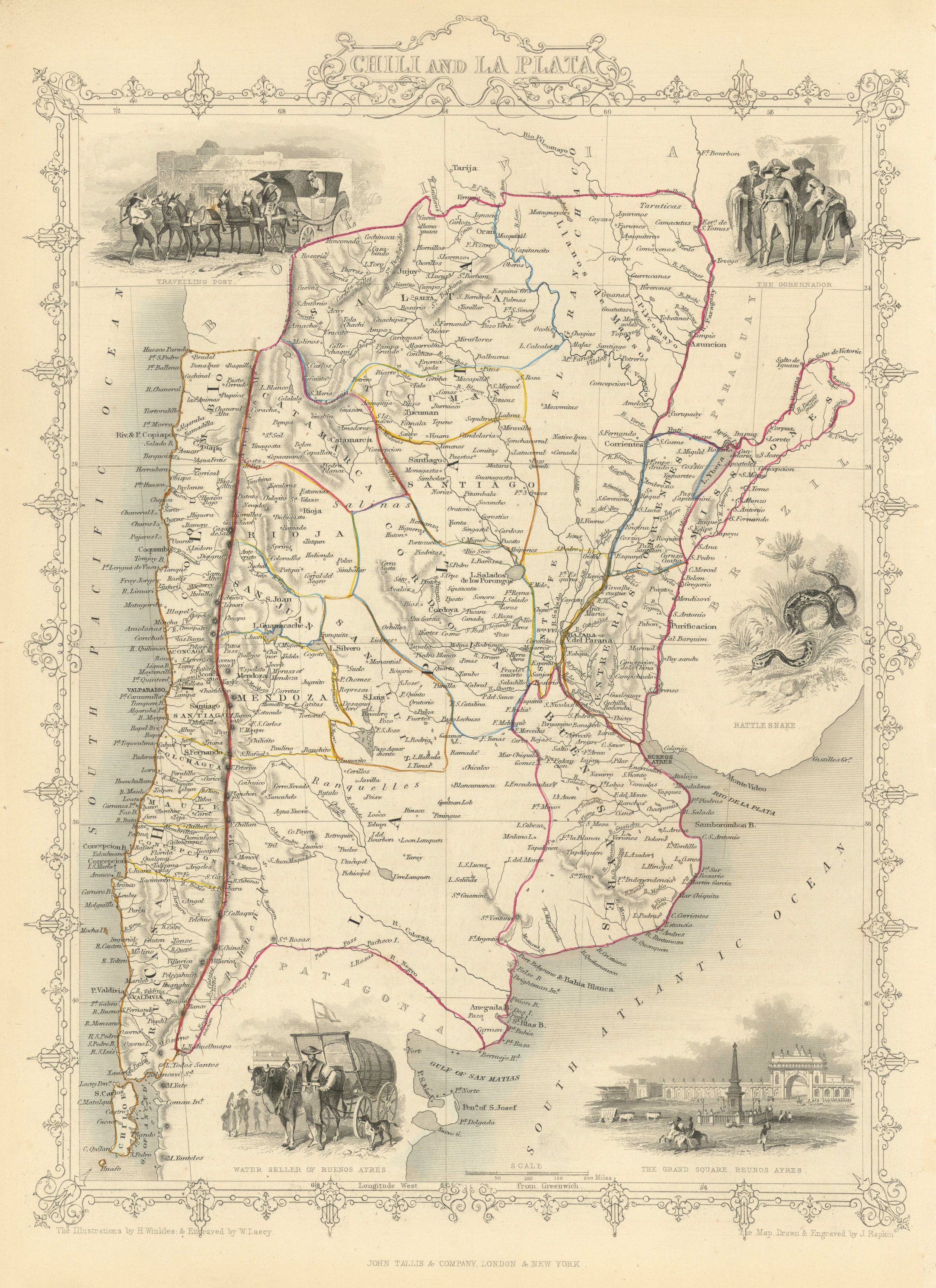 Associate Product CHILI AND LA PLATA'. Central Chile & Argentina. TALLIS/RAPKIN 1851 old map