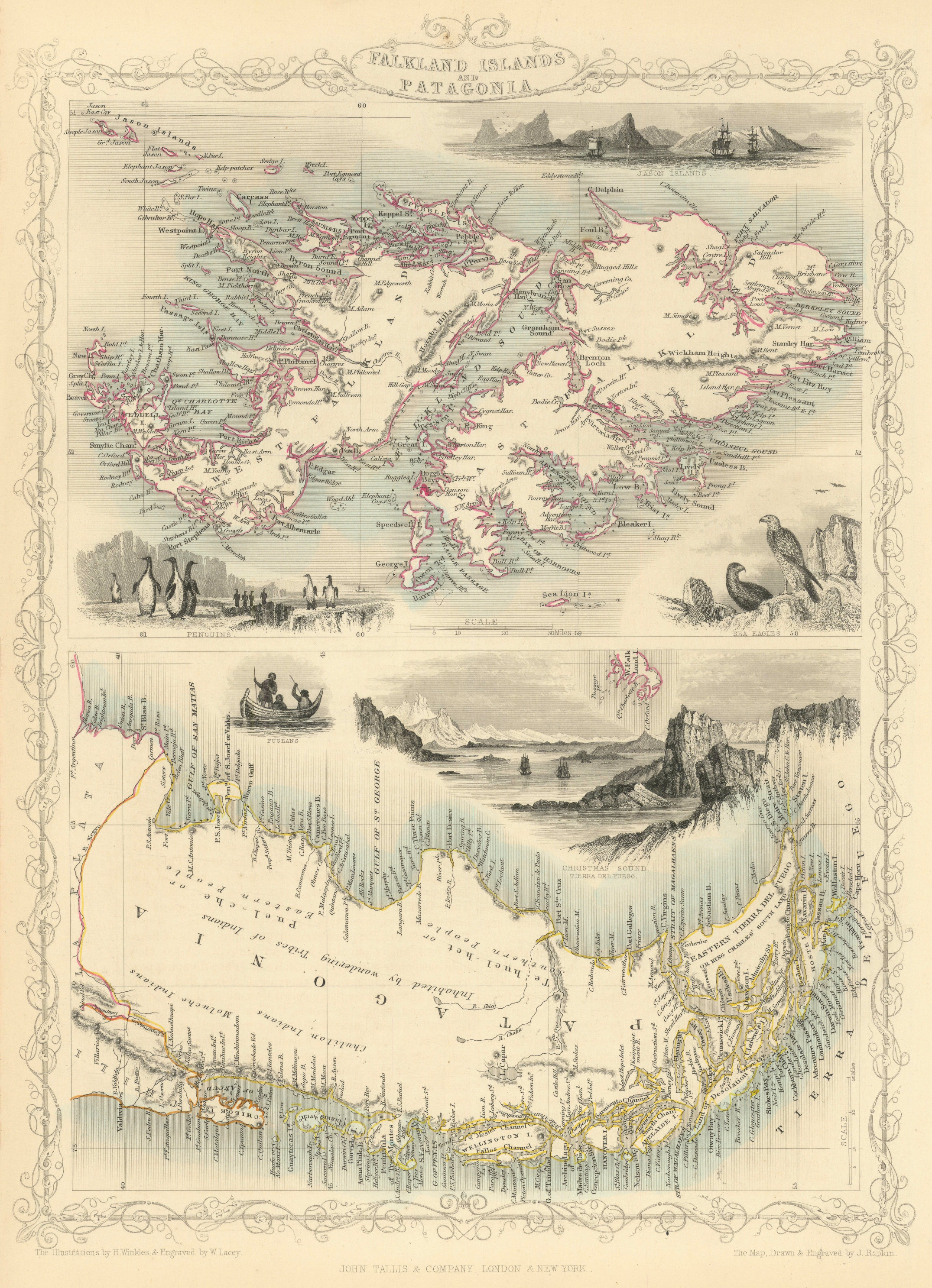 FALKLAND ISLANDS & PATAGONIA. Cape Horn.Tierra del Fuego.TALLIS/RAPKIN 1851 map