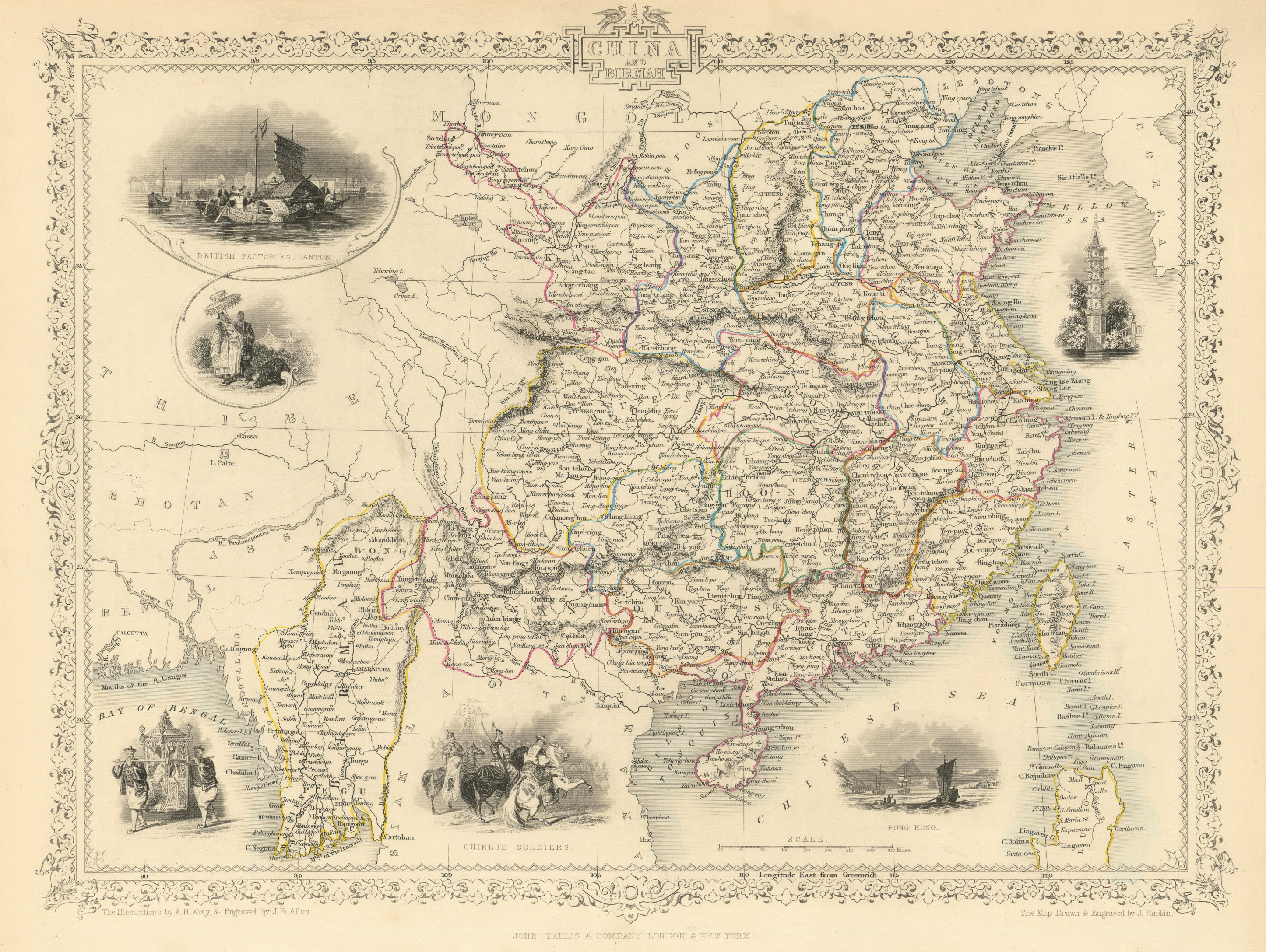 CHINA & BURMAH. Hong Kong vignette. Burma Formosa Taiwan.TALLIS/RAPKIN 1851 map