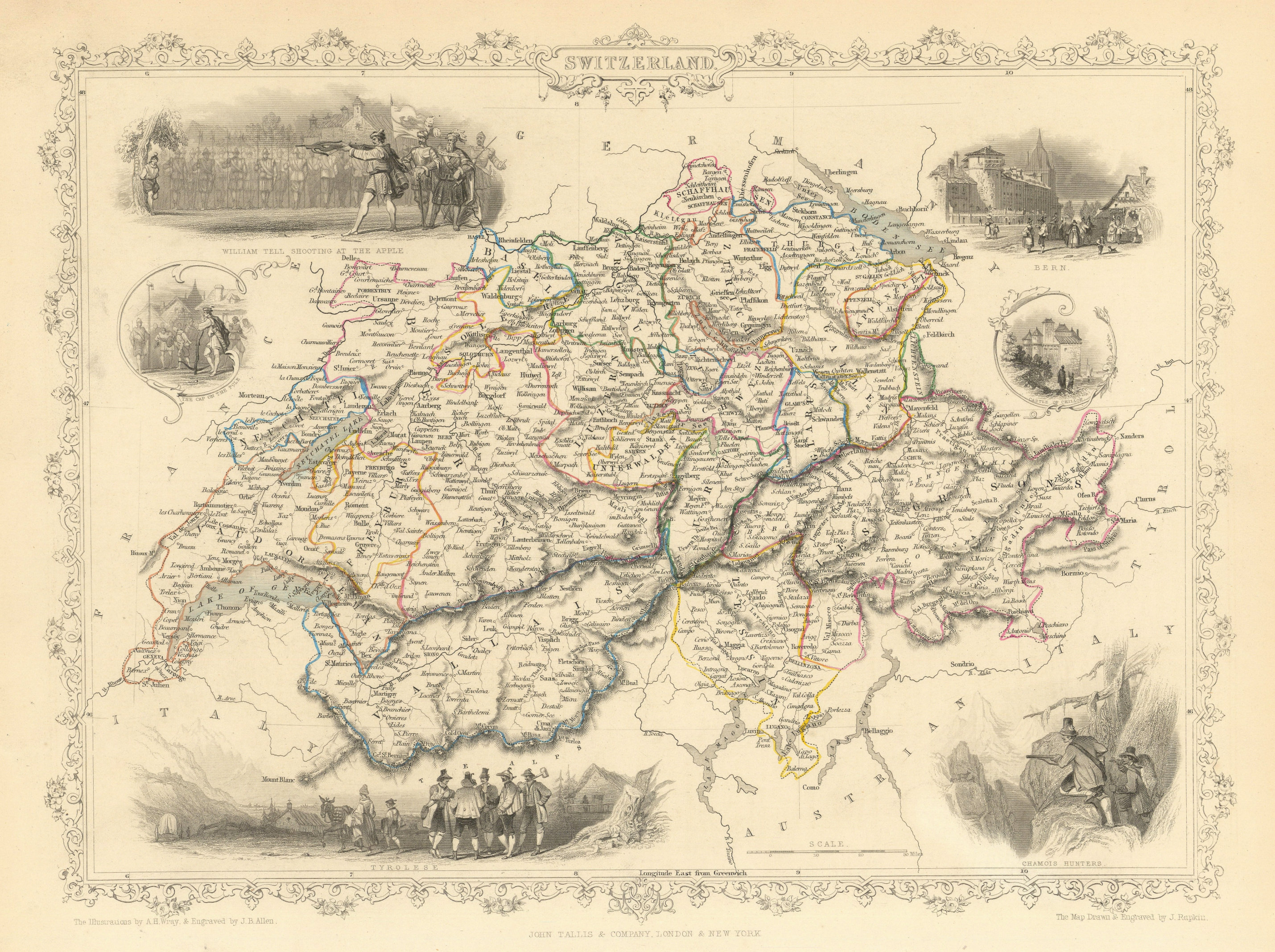 Associate Product SWITZERLAND. William Tell shooting apple. Cantons. TALLIS/RAPKIN 1851 old map