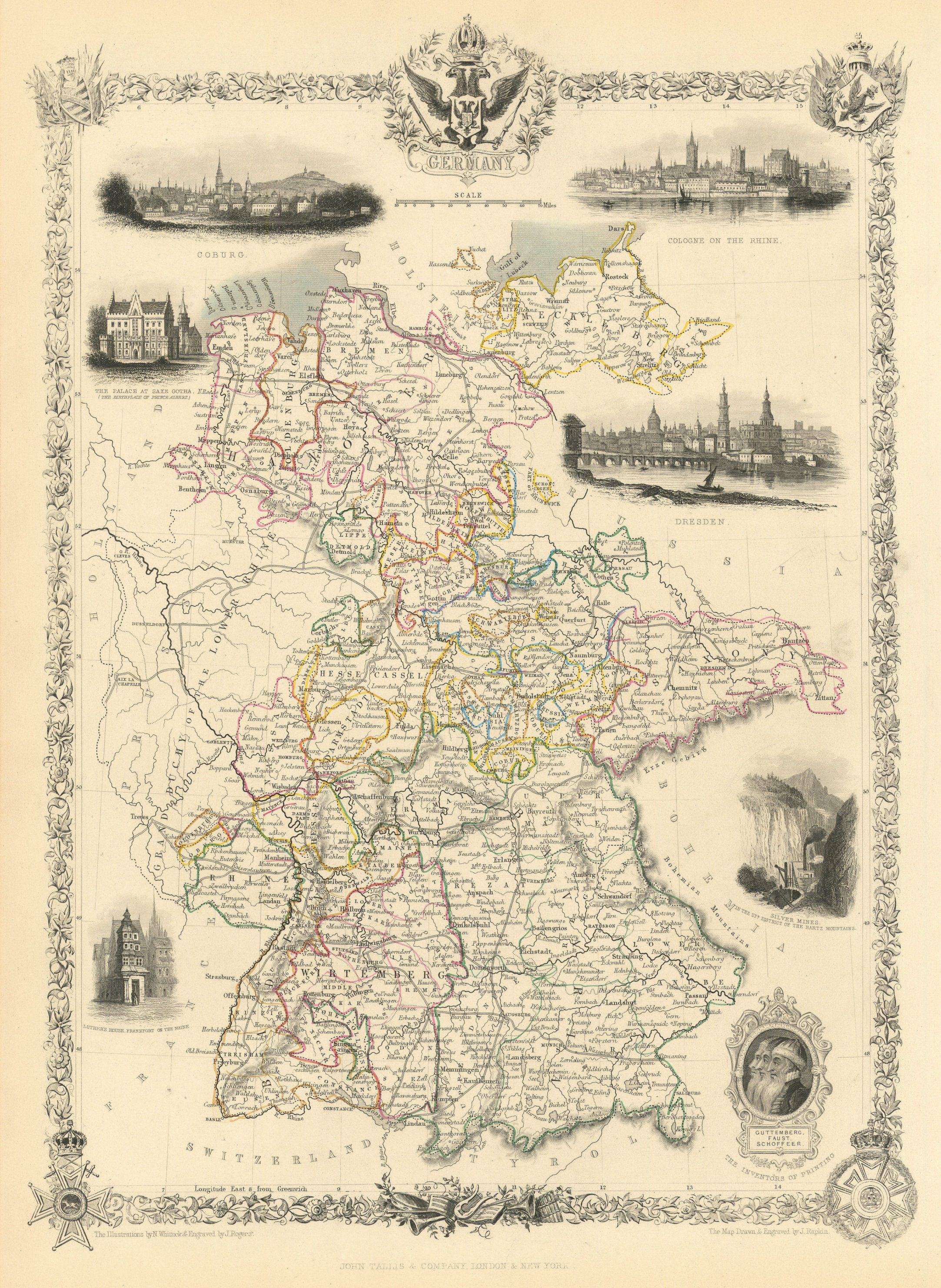 Associate Product GERMANY. with Dresden, Coburg & Hartz silver mines views.TALLIS/RAPKIN 1851 map