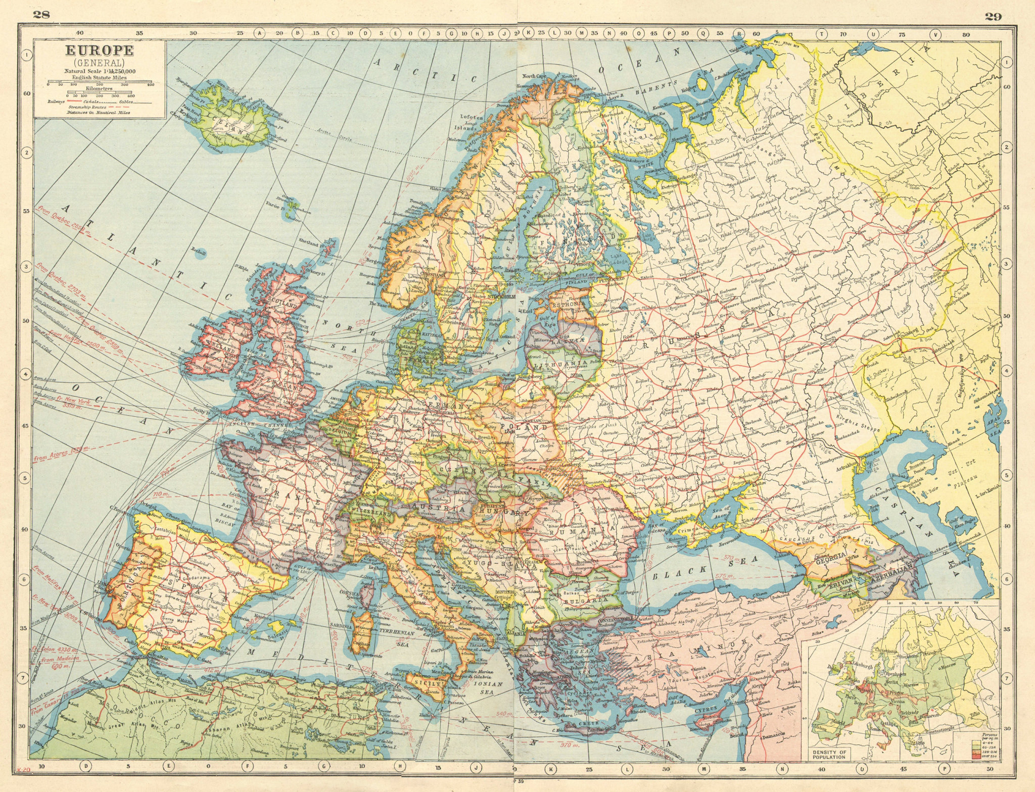 EUROPE. Showing railways telegraph cables steamship routes canals 1920 ...