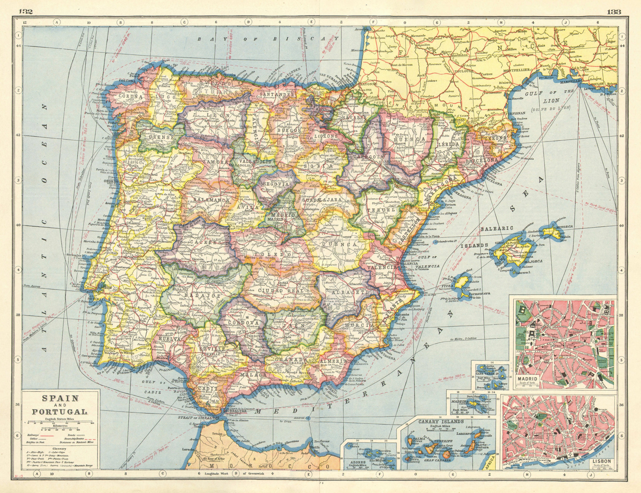 Associate Product IBERIA. Spain provinces & Portugal. Telegraph cables. Lisbon Madrid 1920 map