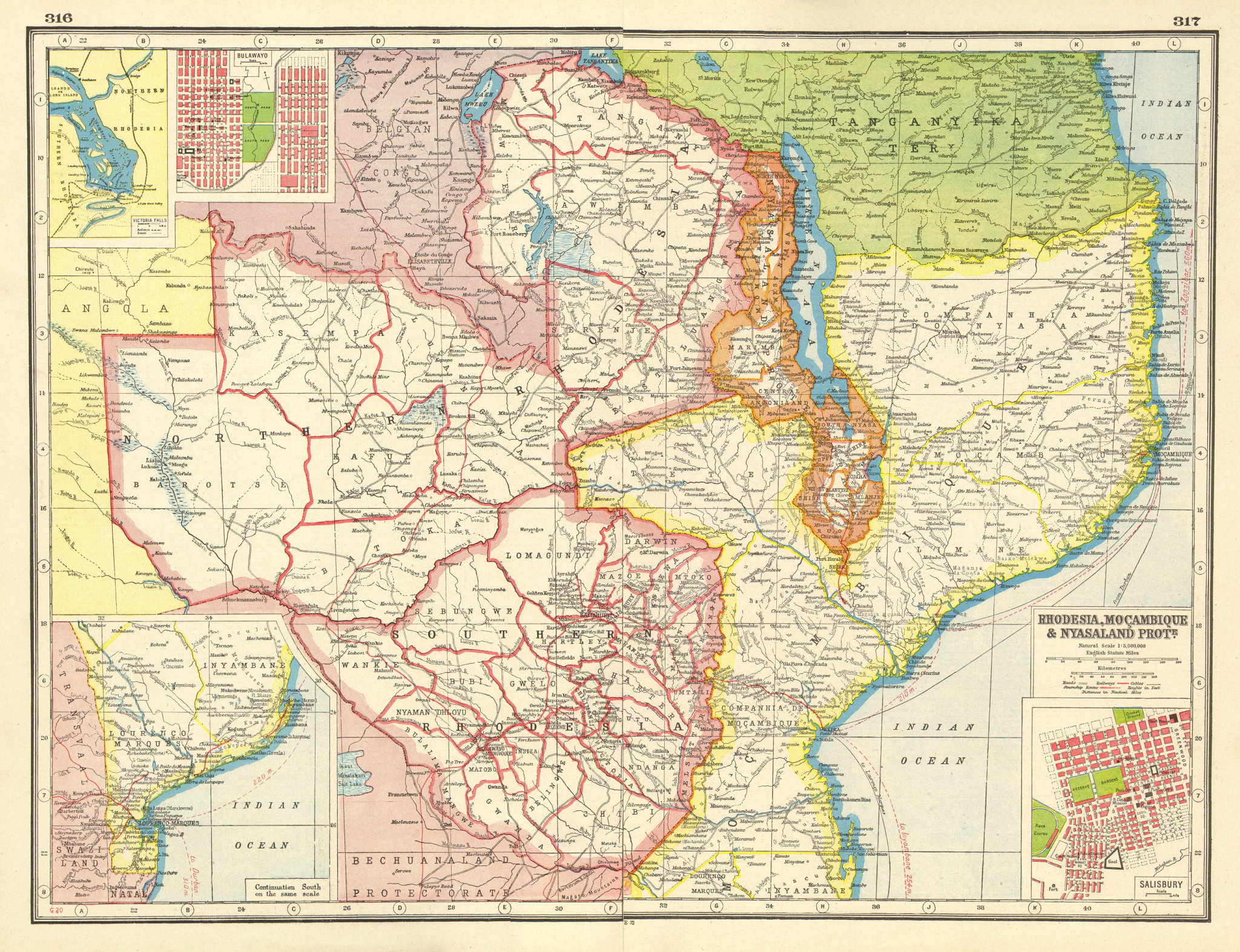 Associate Product EAST AFRICA. Rhodesia Mozambique Nyasaland. Bulawayo Salisbury/Harare 1920 map