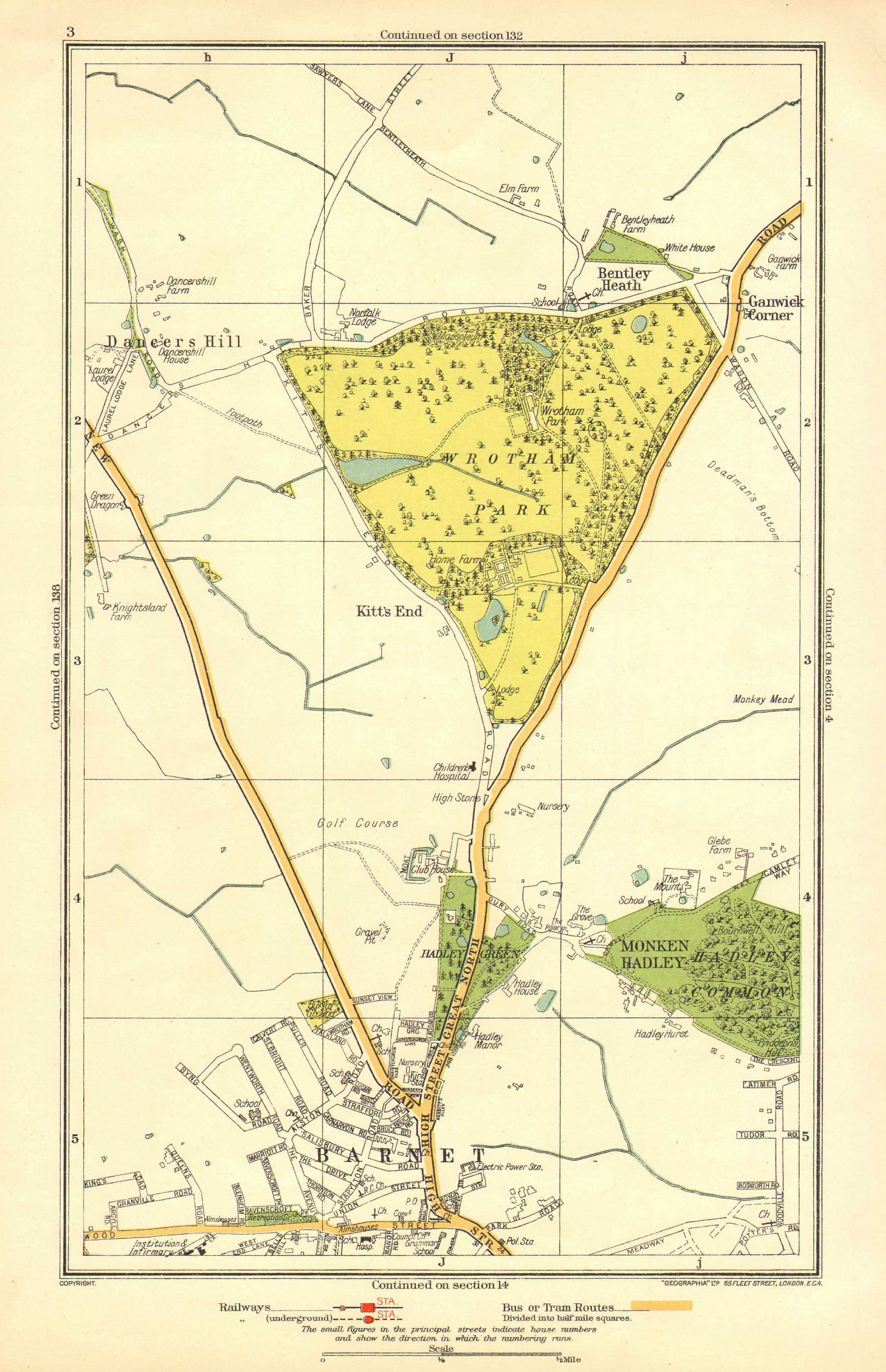 Associate Product BARNET. Monken Hadley Wrotham Park Kitts End Dancer's Hill Ganwick Cnr 1933 map