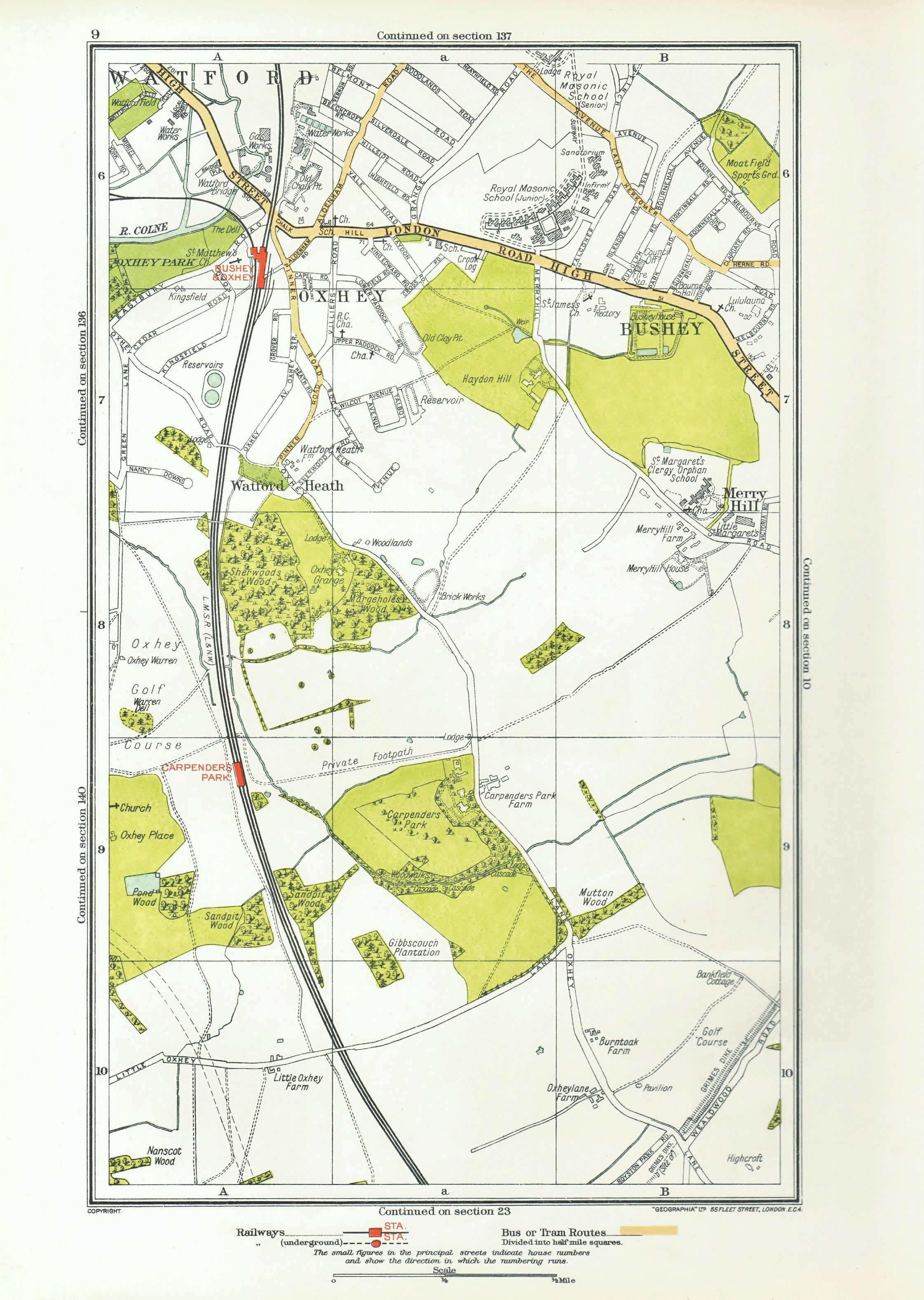 OXHEY. Bushey Watford Carpender's Park Merry Hill 1933 old vintage map chart