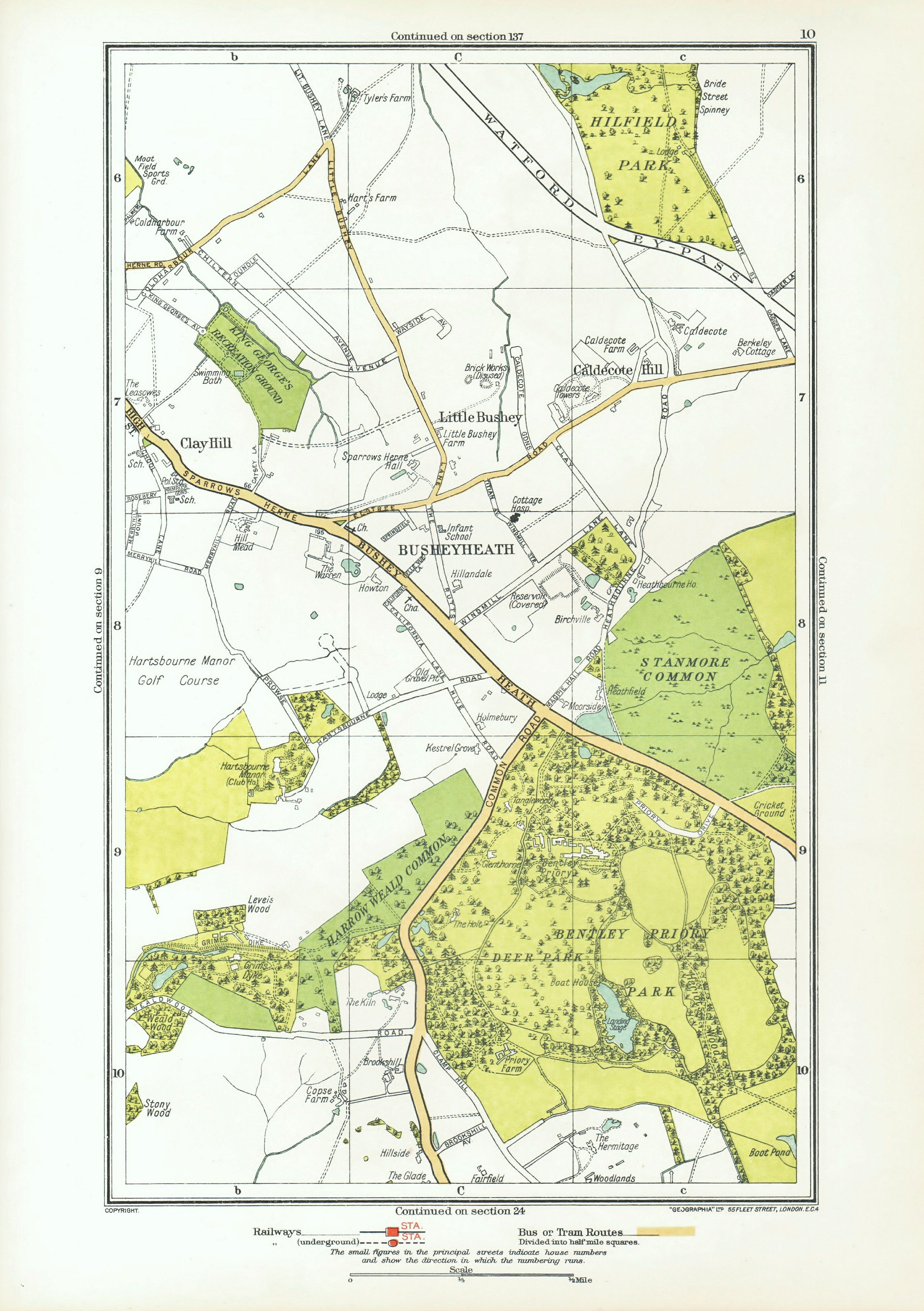 Associate Product HERTS. Busheyheath Caldecote Hill Clay Hill Little Bushey Stanmore Cmn 1933 map