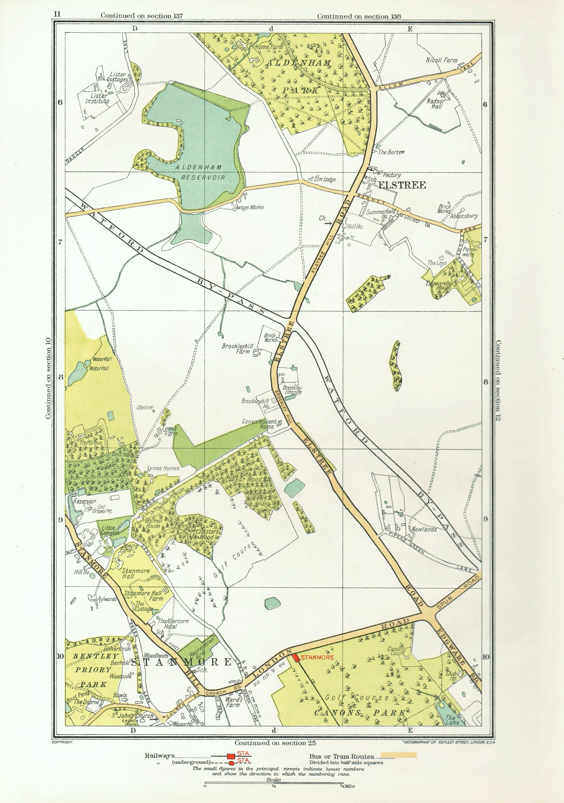 HERTS. Elstree Stanmore Edgware Aldenham Park Canons Park 1933 old vintage map