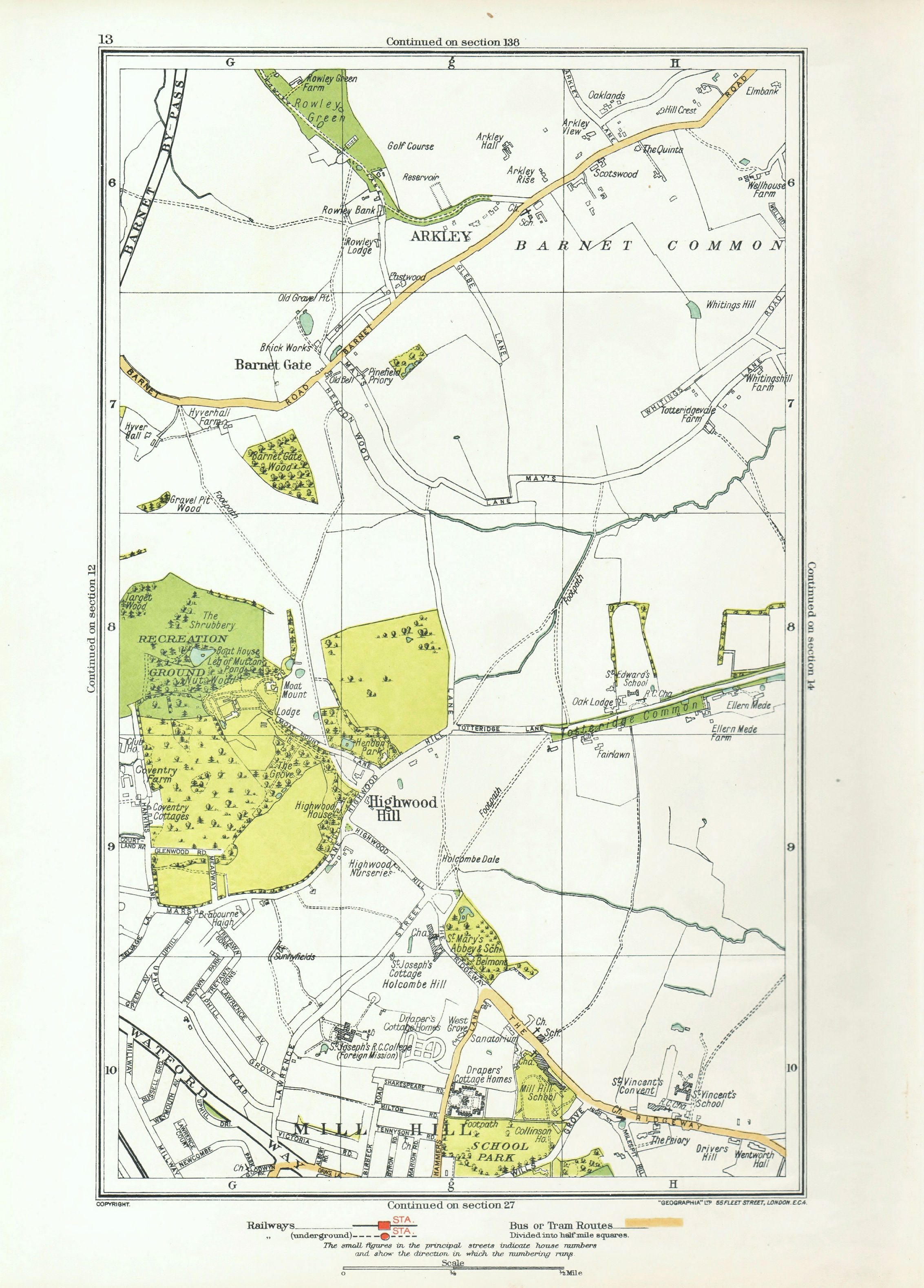 Associate Product LONDON. Arkley Barnet Gate Highwood Hill Mill Hill 1933 old vintage map chart