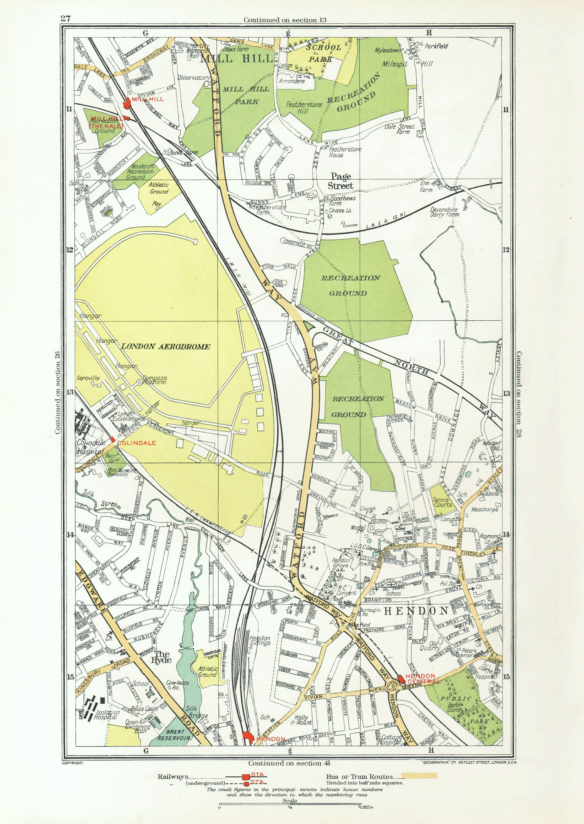 Associate Product HENDON. The Hyde Mill Hill Colindale Edgware Southfields 1933 old vintage map