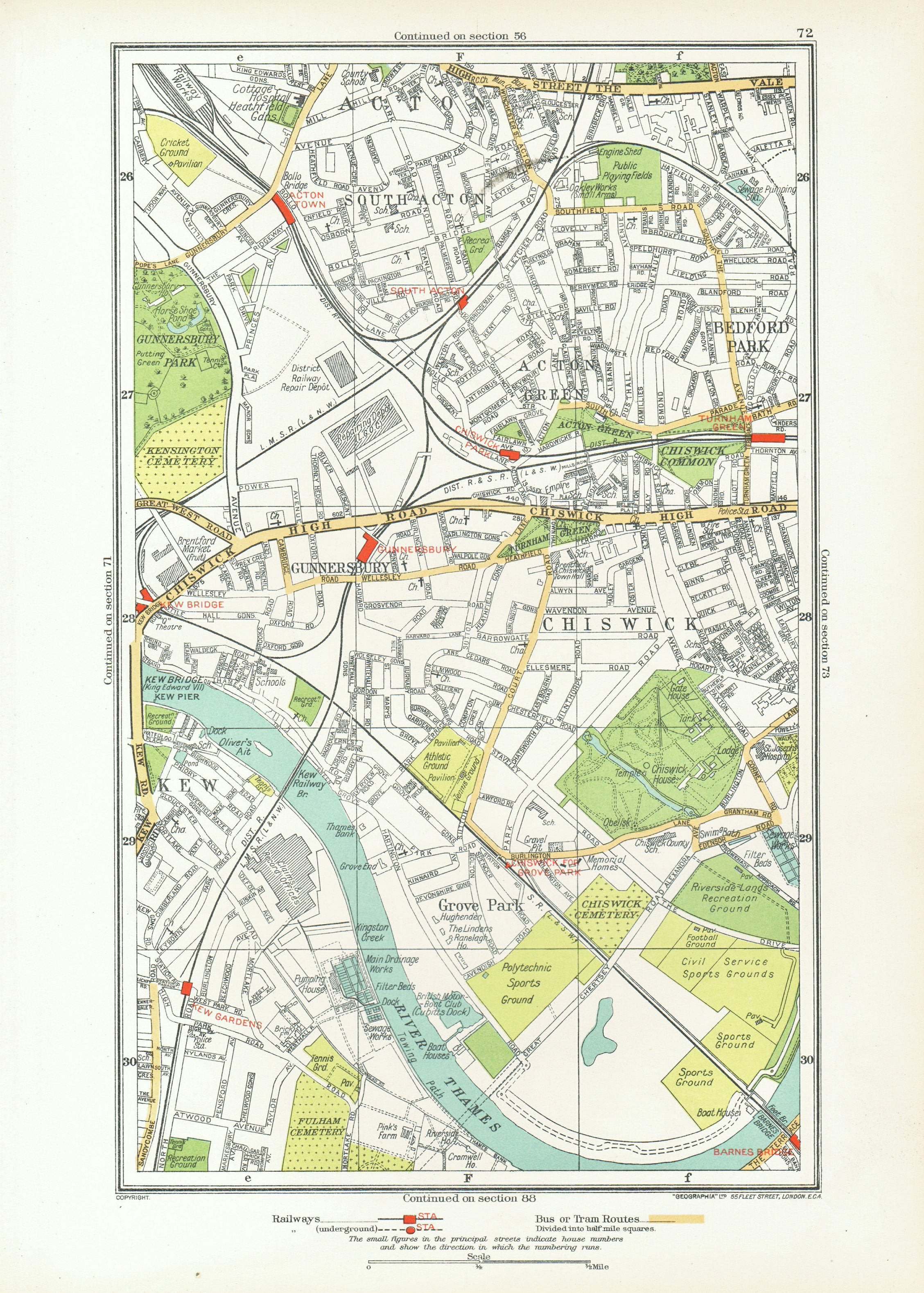 CHISWICK. Acton Green Grove Park Bedford Park Kew Gunnersbury 1933 old map