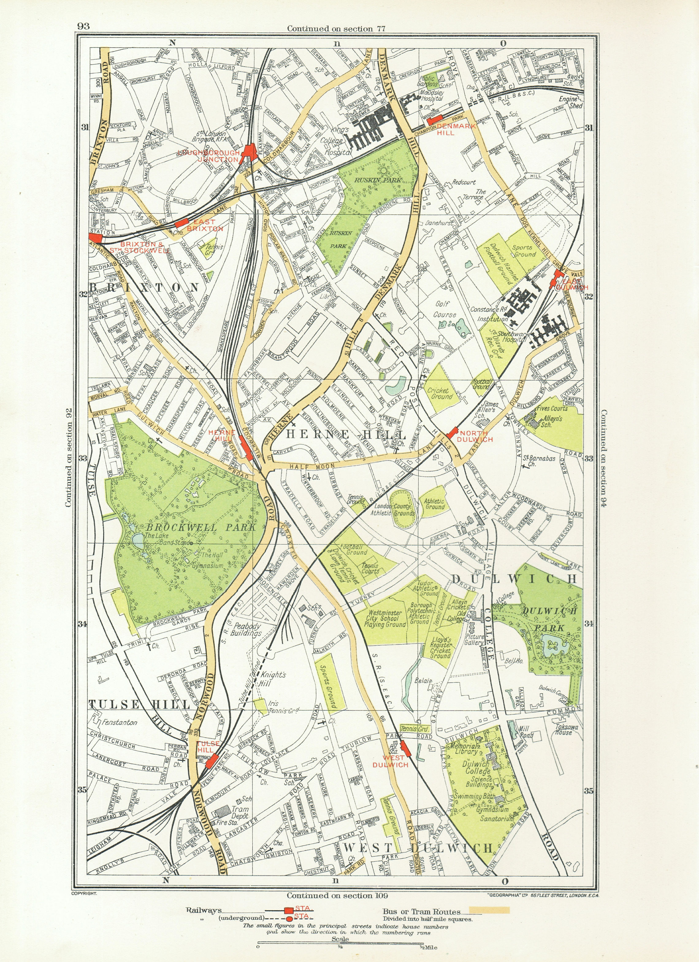 LONDON. Dulwich Herne Hill Tulse Hill Brixton Stockwell Denmark Hill 1933 map