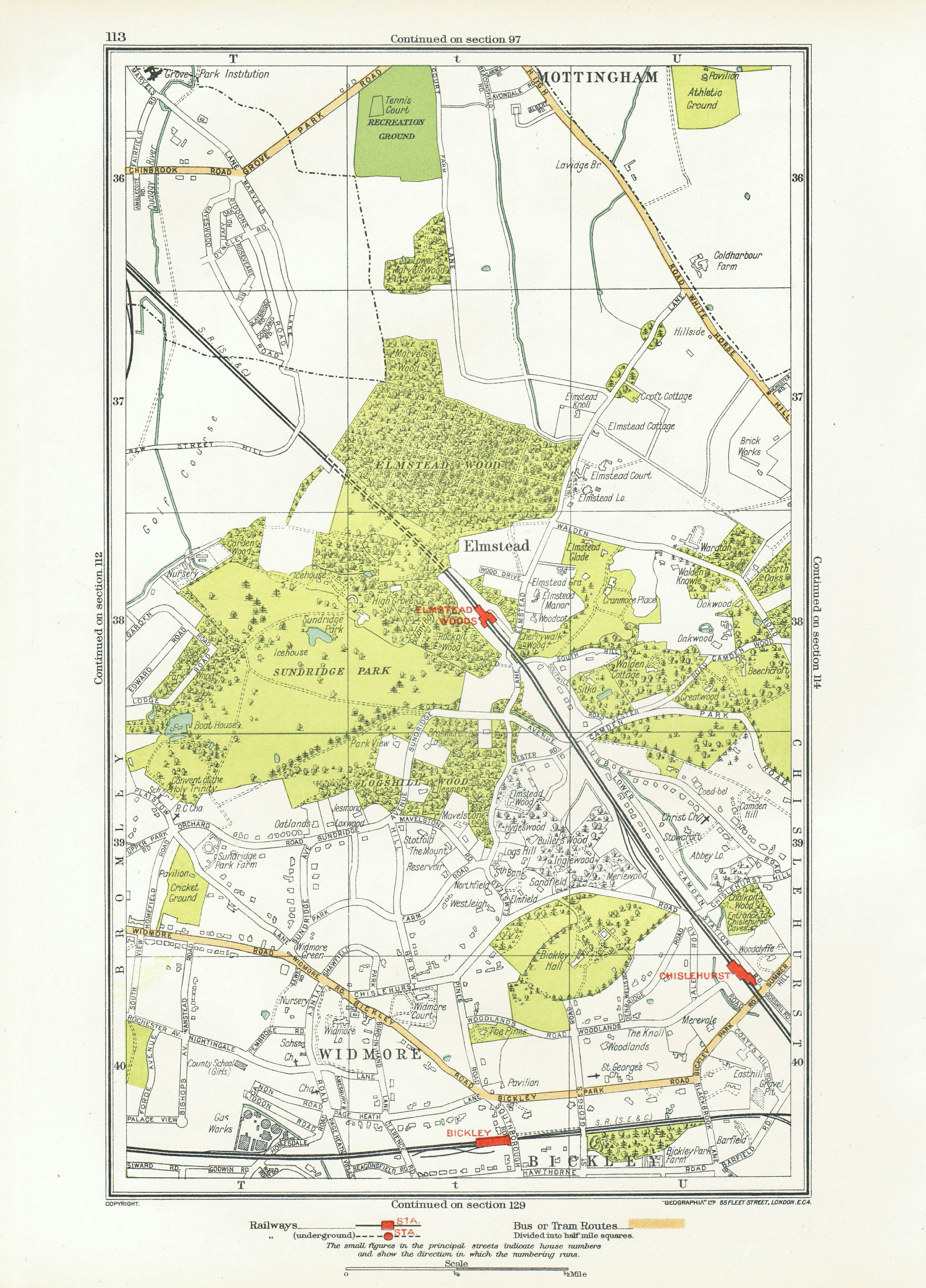 Associate Product LONDON. Bickley Elmstead Widmore Mottingham Chislehurst Chalkpit Wood 1933 map