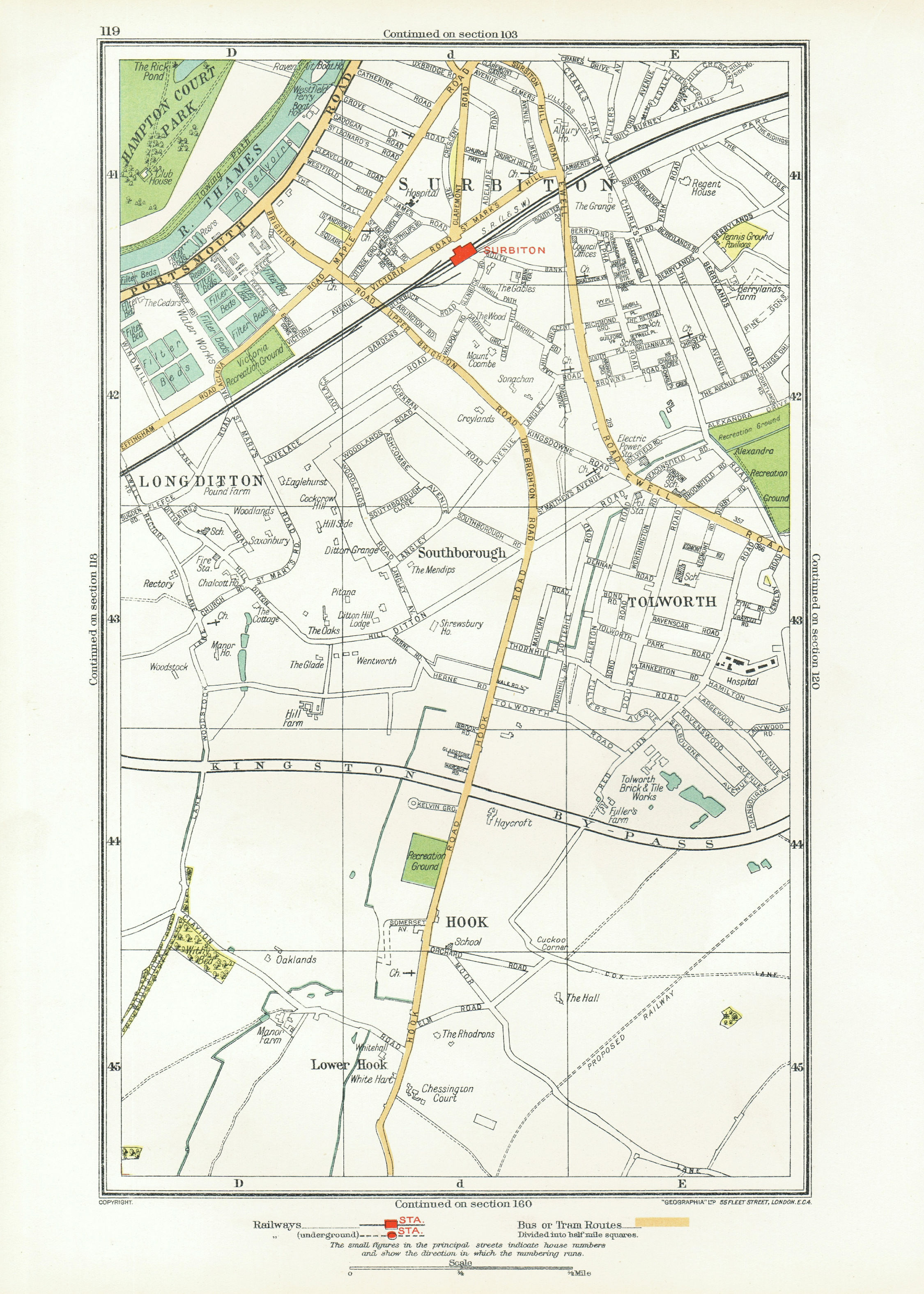 Associate Product SURBITON. Hook Long Ditton Tolworth Southborough Surbiton 1933 old vintage map