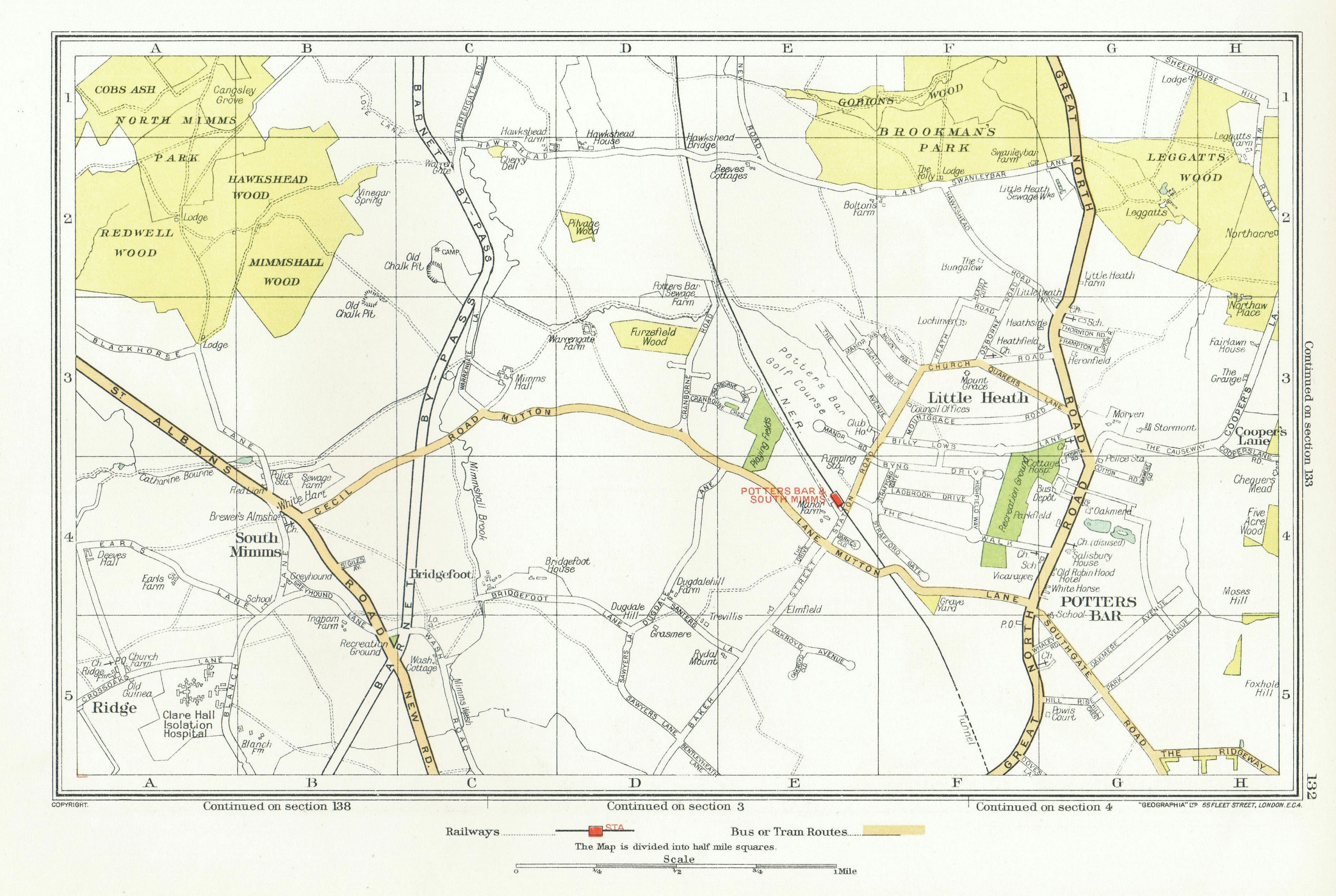 Associate Product POTTERS BAR. South Mimms Little Heath Brookmans Park Ridge (Herts) 1933 map