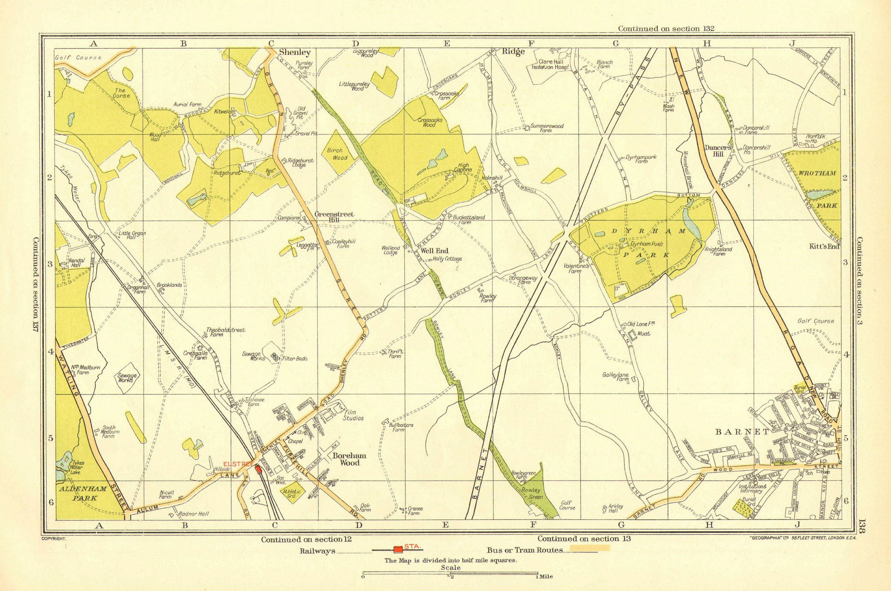 BOREHAMWOOD. Elstree Barnet Shenley Ridge Monken Hadley 1933 old vintage map