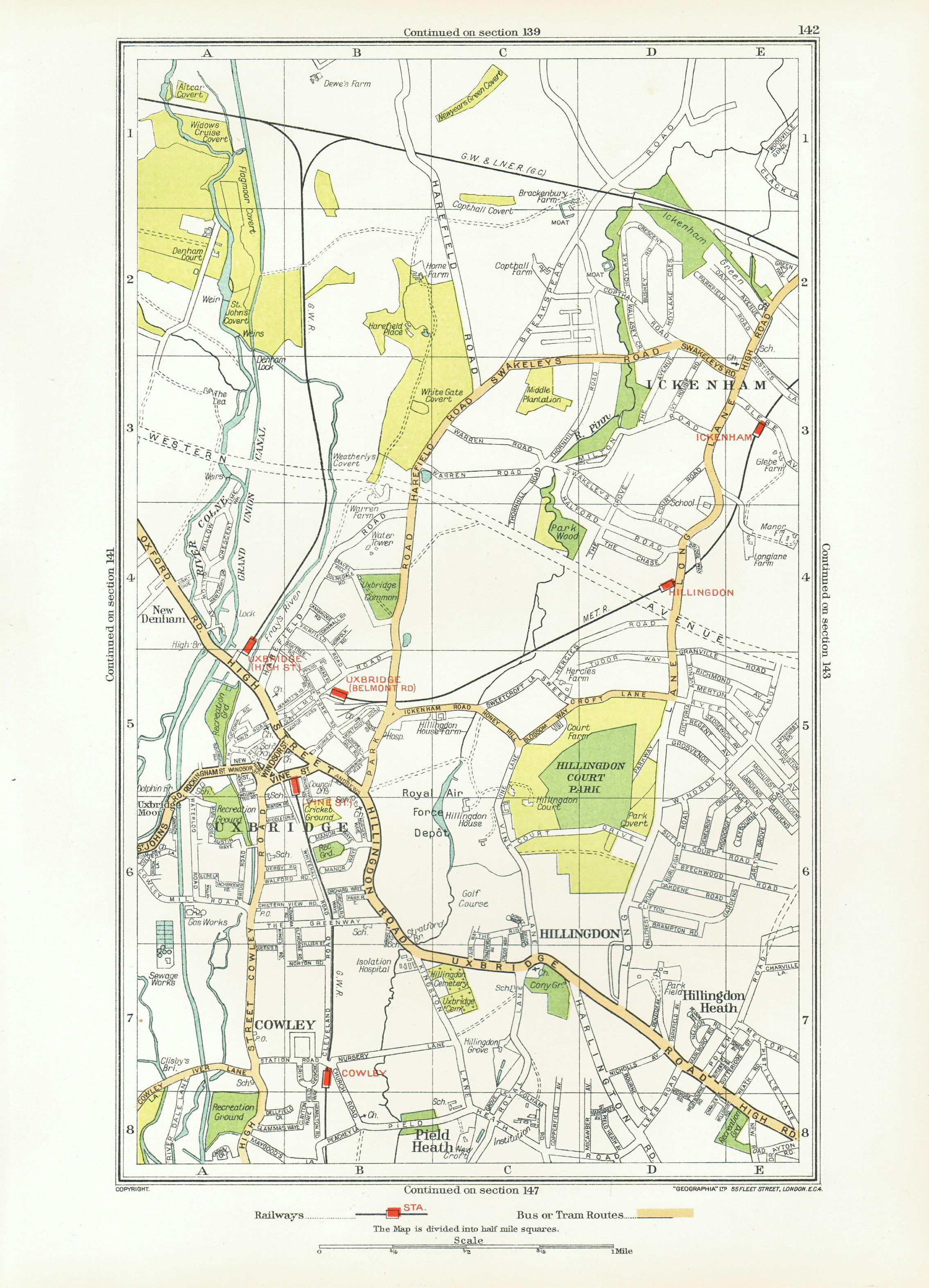 Associate Product UXBRIDGE. Ickenham Hillingdon Ruislip Cowley New Denham 1933 old vintage map