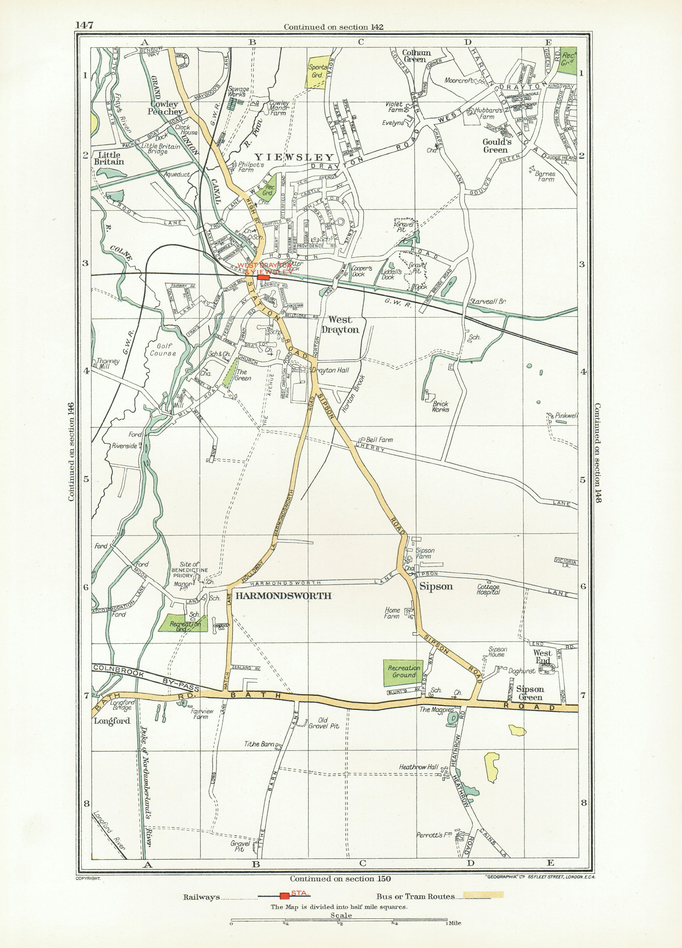 Associate Product YIEWSLEY WEST DRAYTON. Hayes Heathrow Harmondsworth Sipson Cowley 1933 old map
