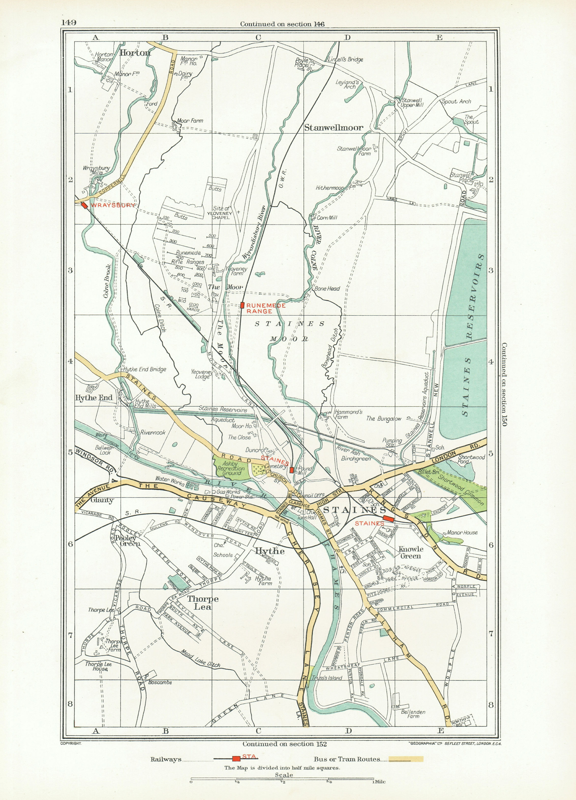 Associate Product STAINES. Egham Hythe Stanwell Moor Thorpe Hythe End Horton Wraysbury 1933 map