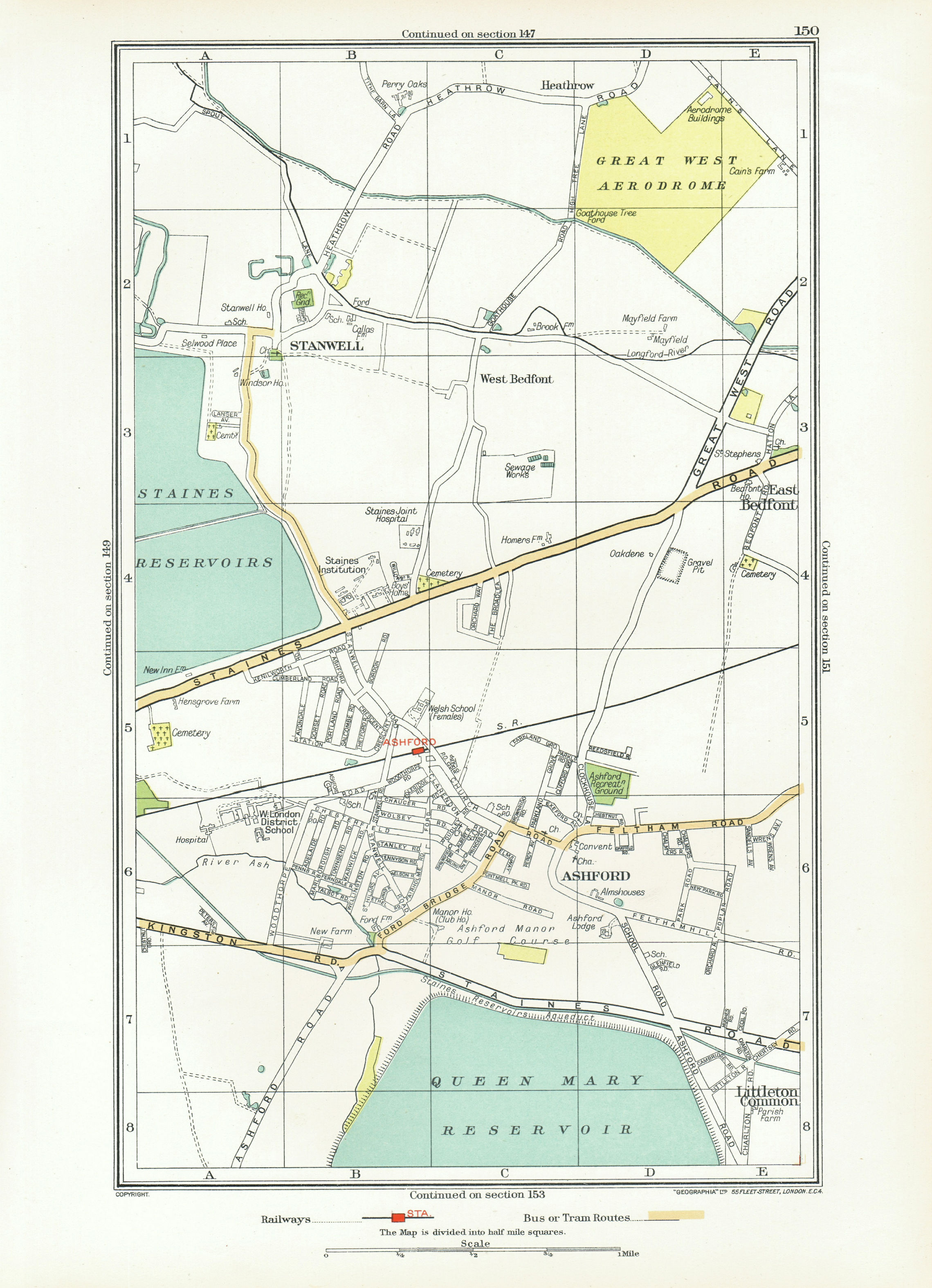 Associate Product ASHFORD STAINES-UPON-THAMES. Stanwell Feltham Heathrow Bedfont 1933 old map