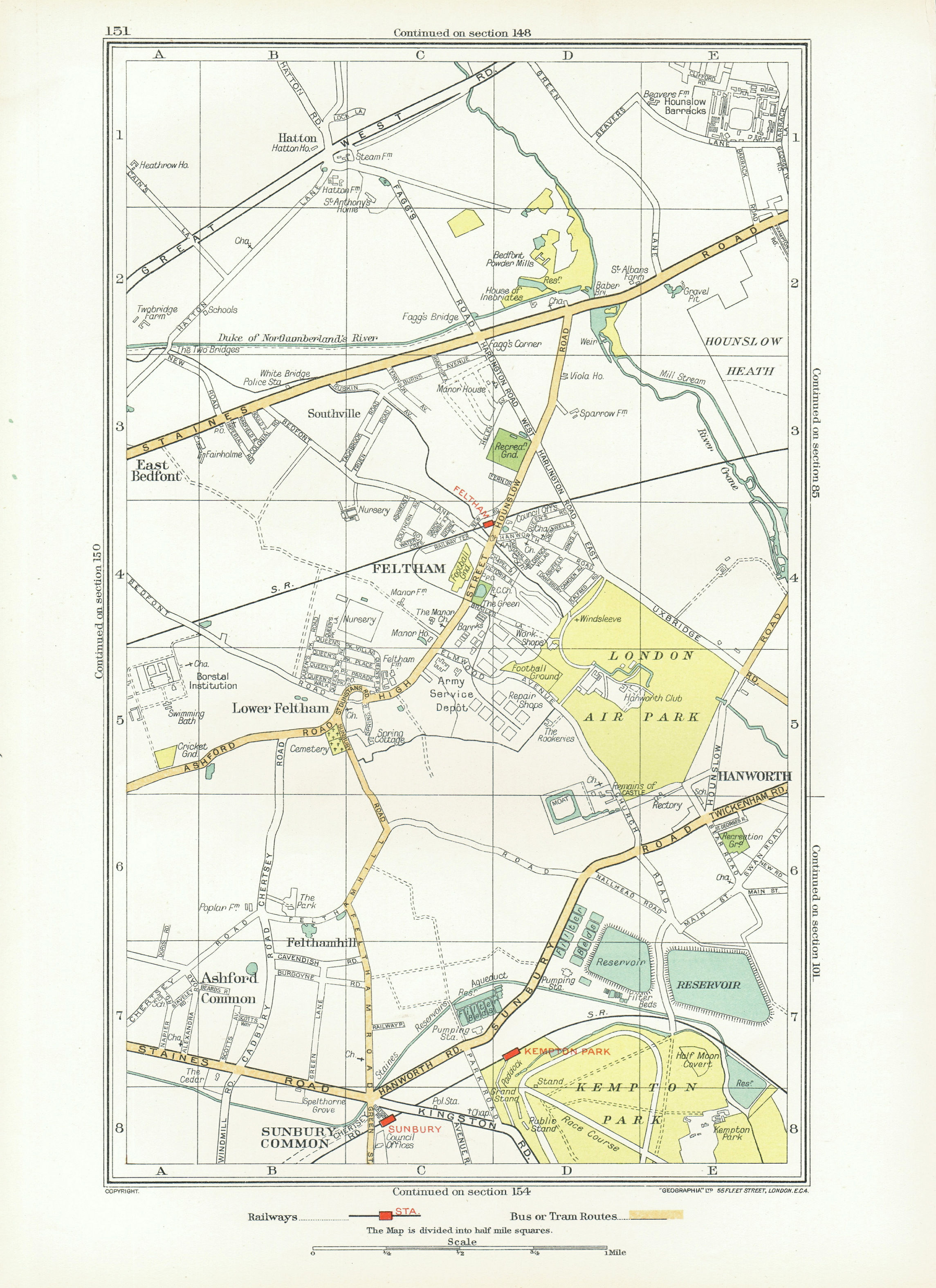 Associate Product FELTHAM. Hounslow Hatton Sunbury Common Hanworth Ashford Common 1933 old map