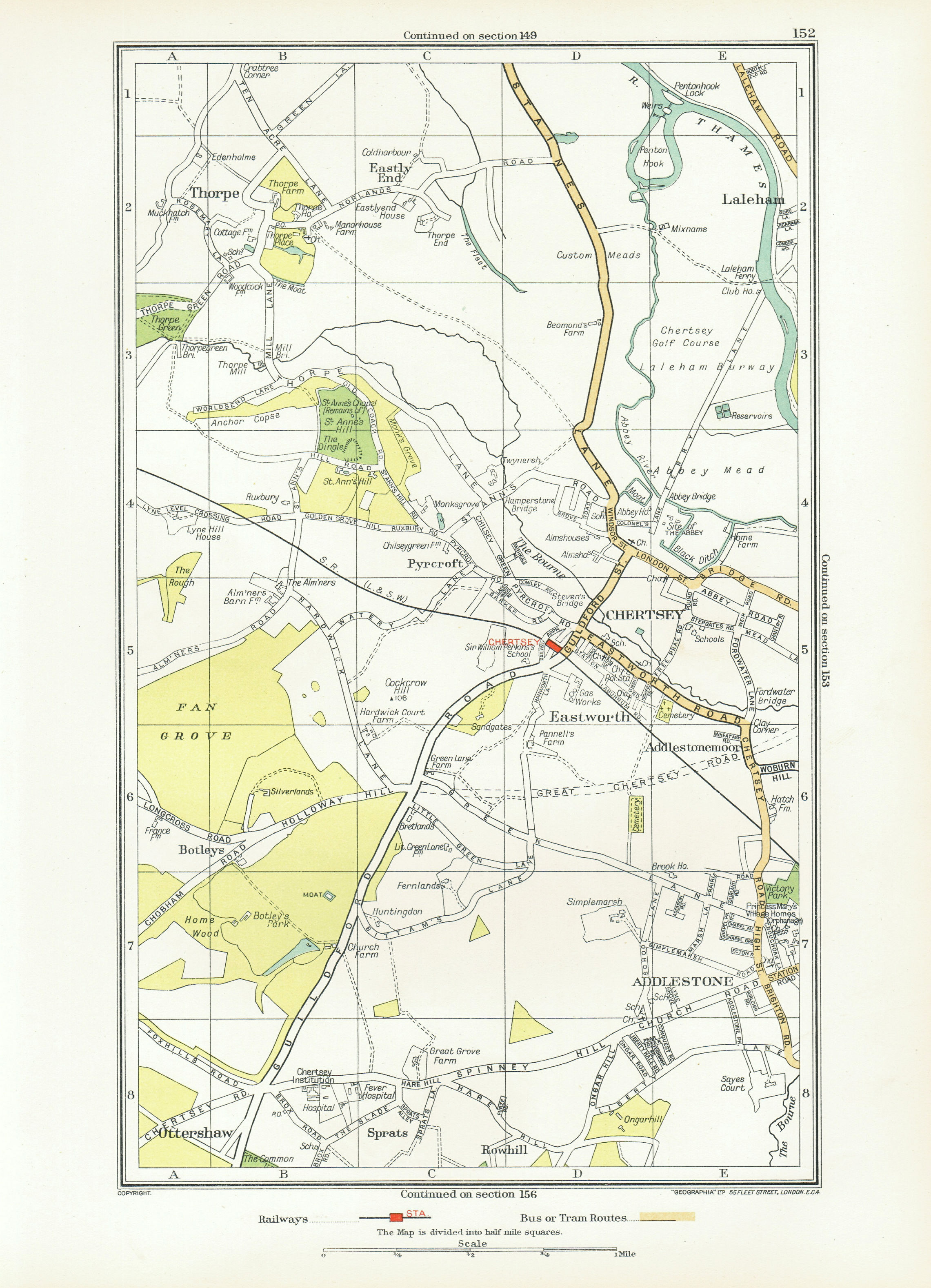 Associate Product CHERTSEY. Addlestone Chertsey Ottershaw Thorpe Rowhill Laleham (Surrey) 1933 map