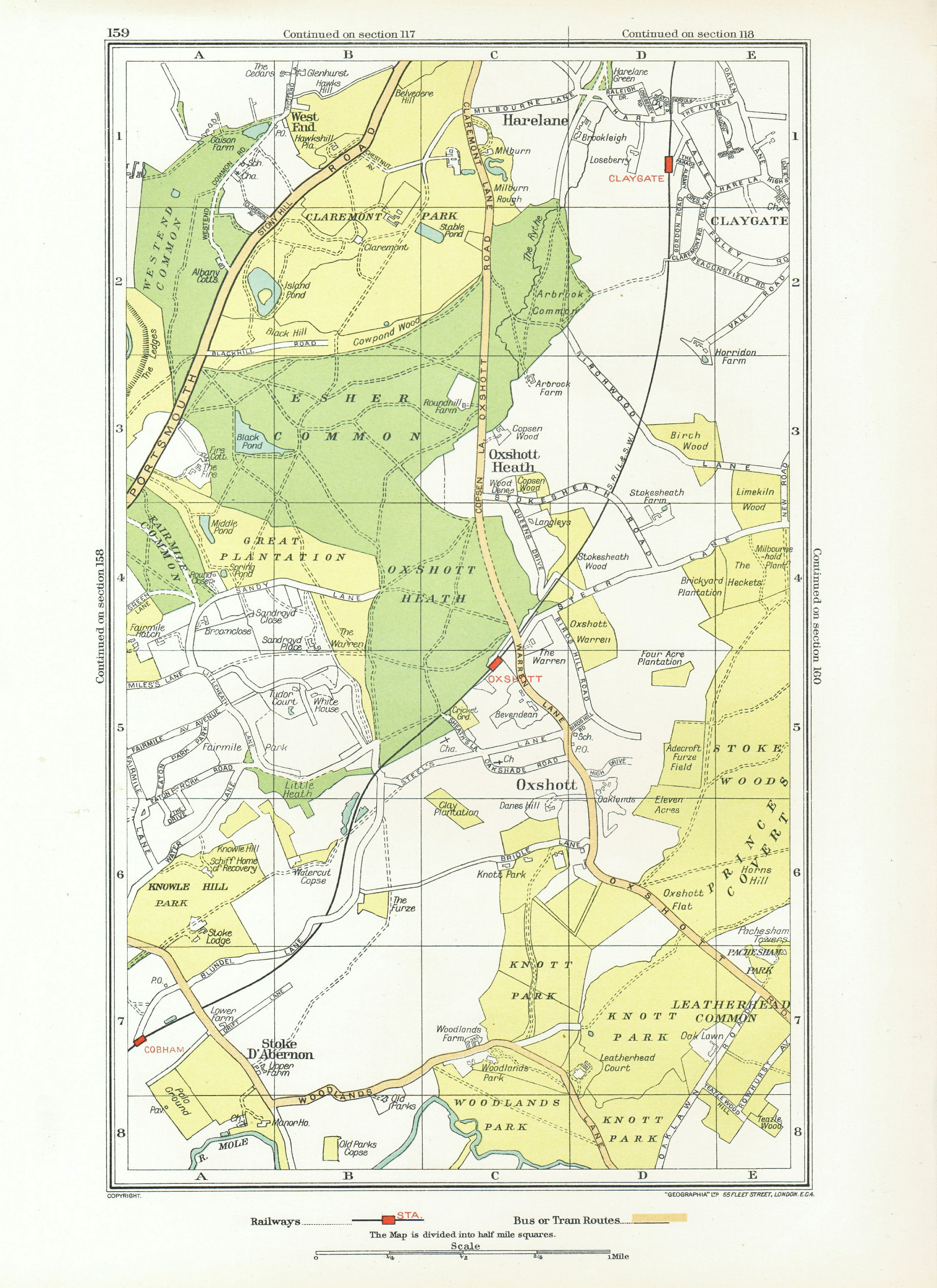 c1920 Map of Esher Cobham Stoke D’Abernon London South of the Thames 7”x4” 